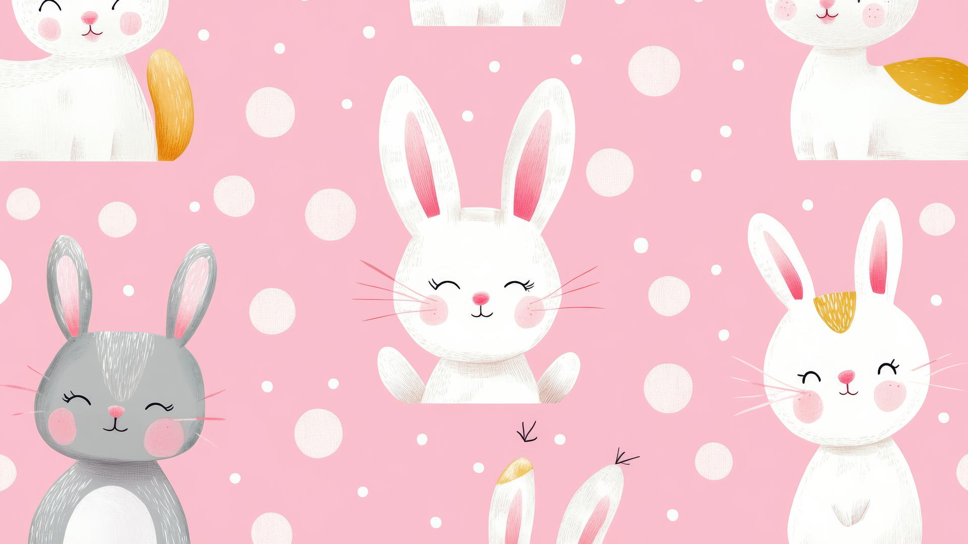 Cute pink wallpaper with adorable cartoon bunnies and kittens on a polka-dotted background.