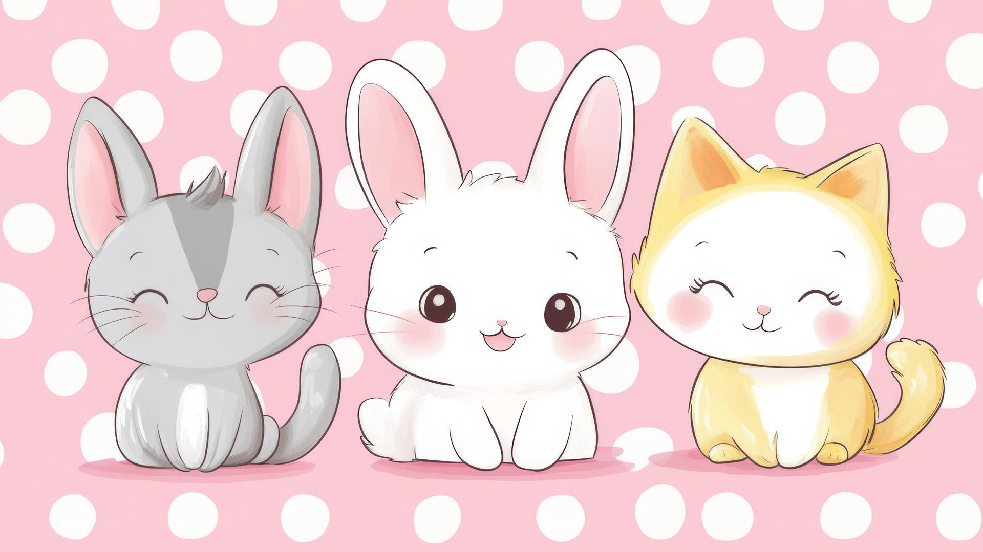 cute pink wallpaper with adorable cartoon animals like bunnies and kittens on a pink polka-dotted background