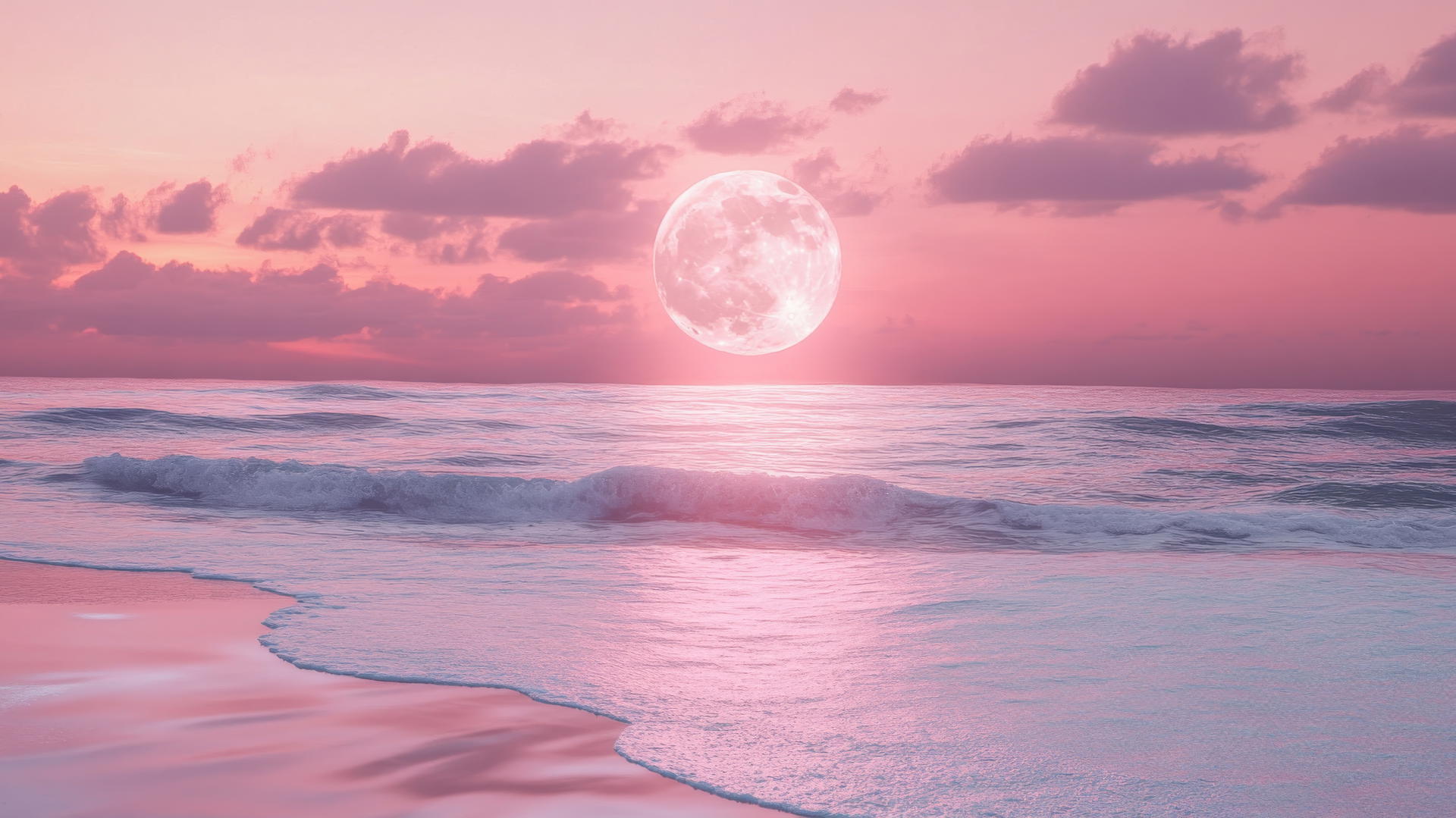 Ethereal pink moon rising over a quiet ocean with gentle waves reflecting soft pink light, pink wallpaper aesthetic