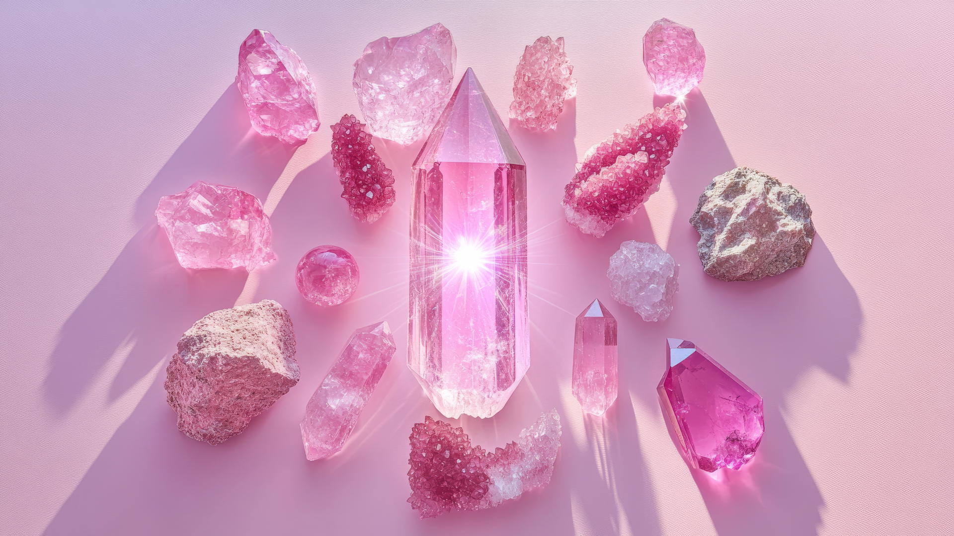 pink wallpaper aesthetic with a circular arrangement of pink crystals and gemstones