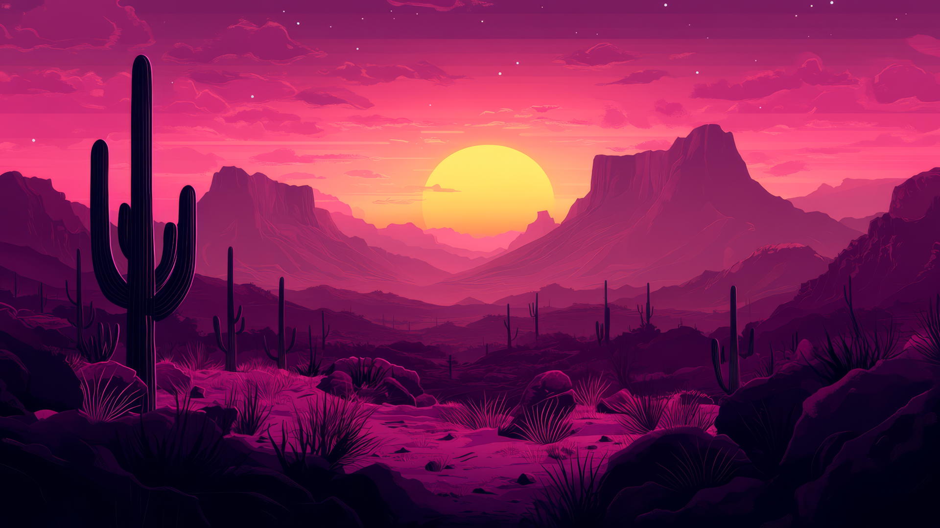 aesthetic pink wallpaper with sunset over pink desert, cacti, and mountains