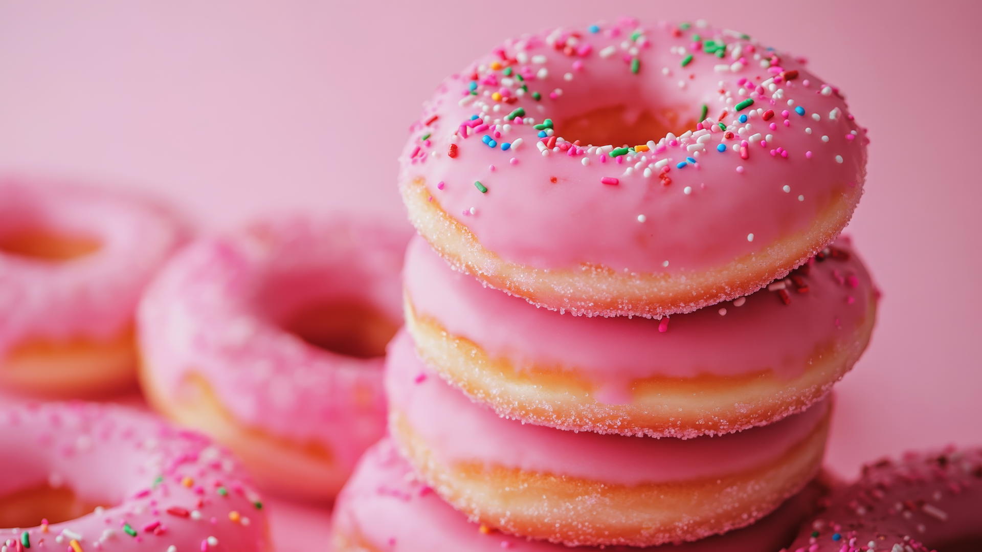 aesthetic pink wallpaper of sugar-coated donuts with colorful sprinkles