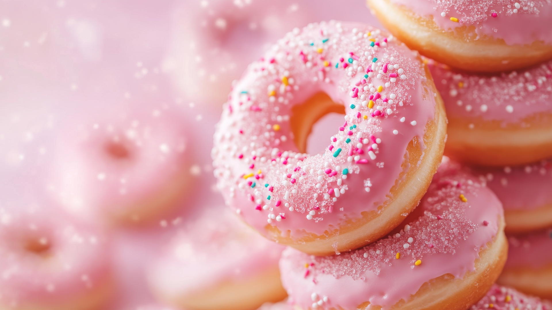 Aesthetic pink wallpaper with close-up of sugar-coated donuts and colorful sprinkles.