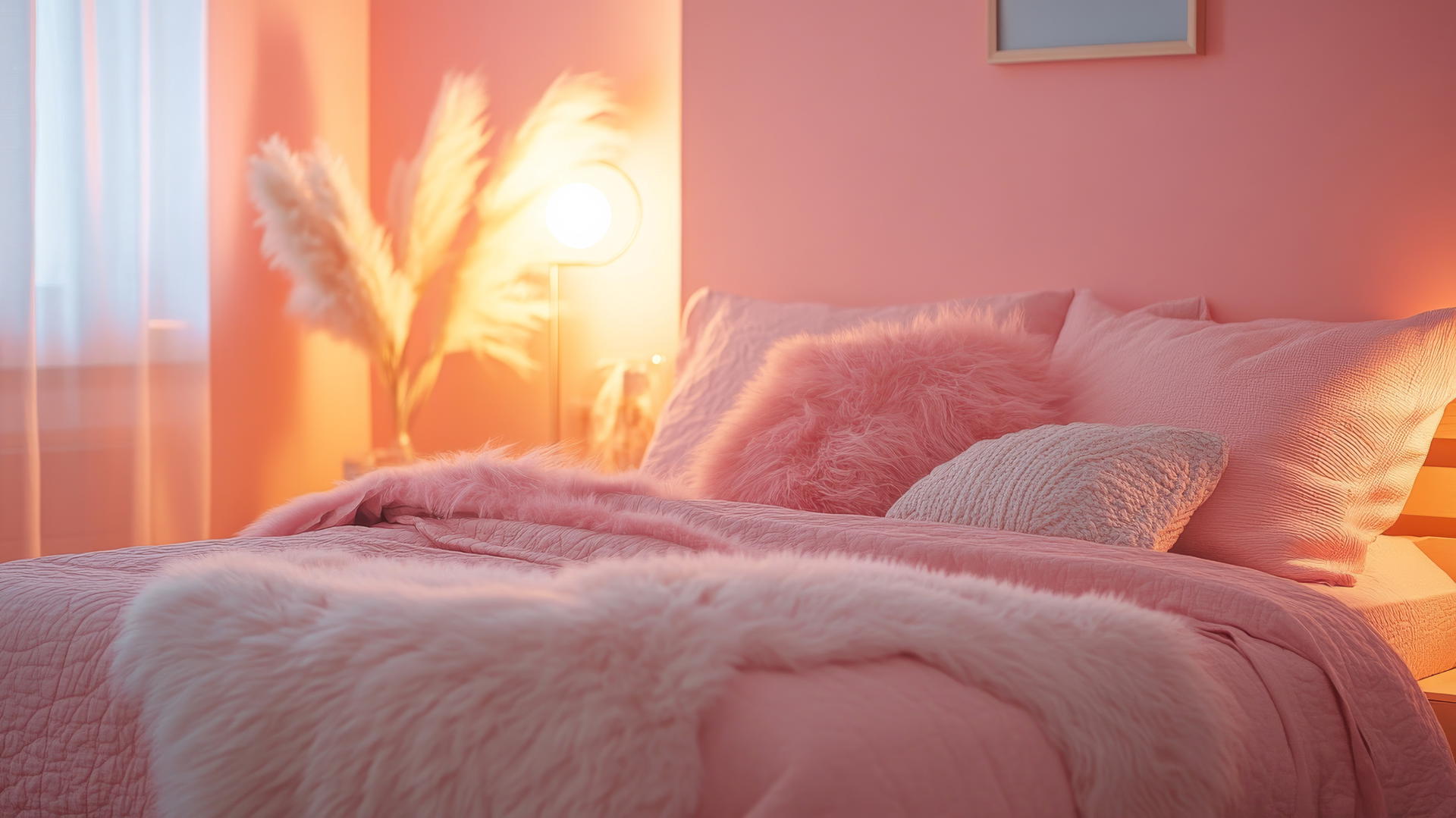 A cute and cozy bedroom scene with a pink aesthetic wallpaper.