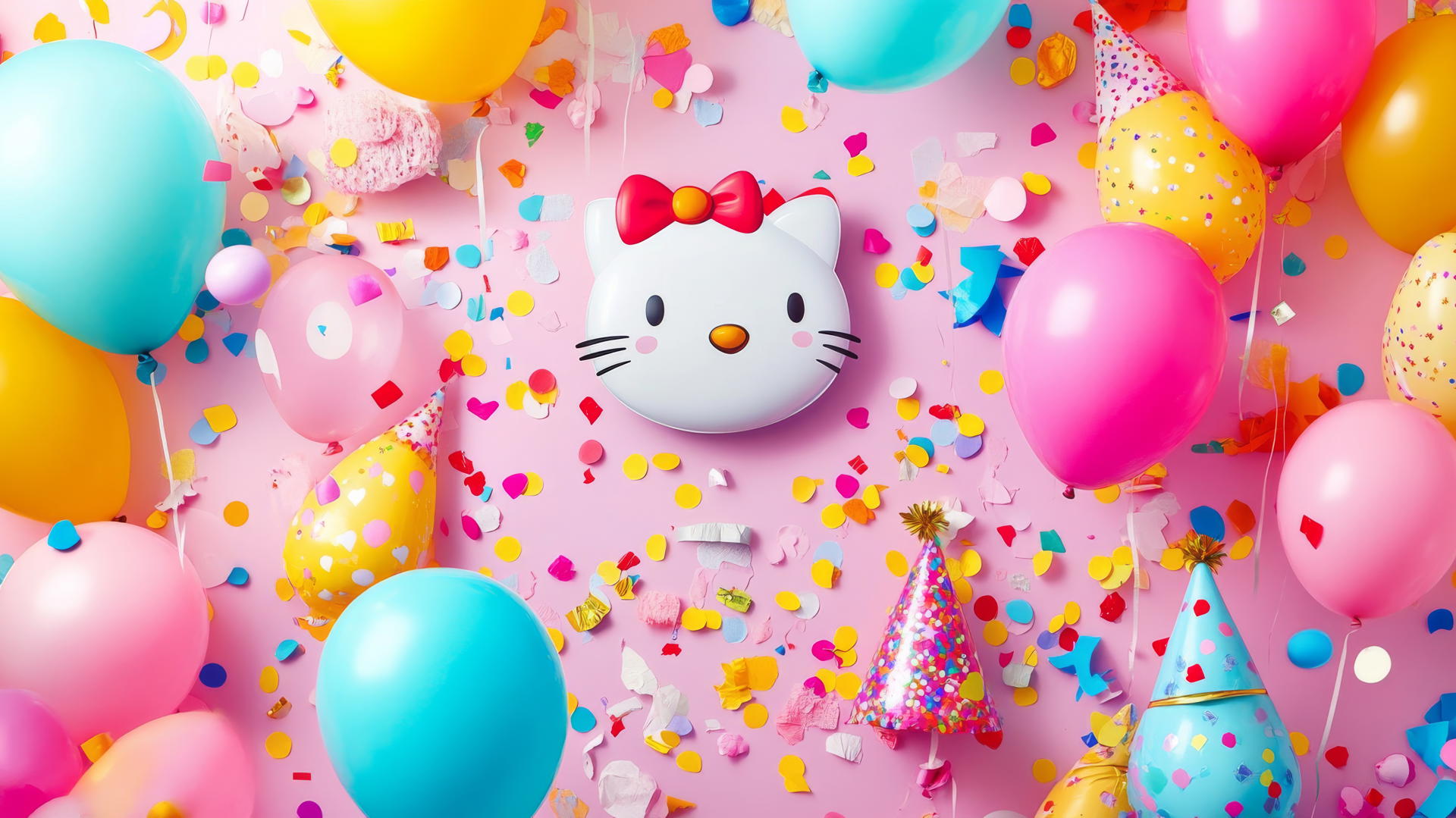 playful and colorful Hello Kitty wallpaper aesthetic with confetti, balloons, and party hats