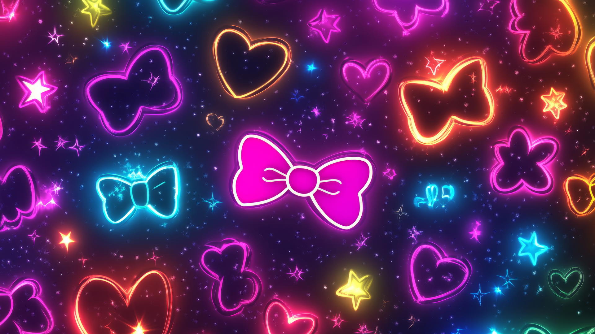 Hello Kitty wallpaper aesthetic with colorful bows, stars, and hearts on a neon background
