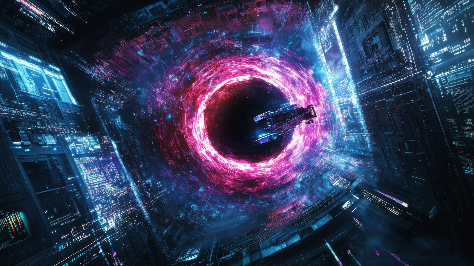 black hole wallpaper with advanced robotic probes and holographic displays
