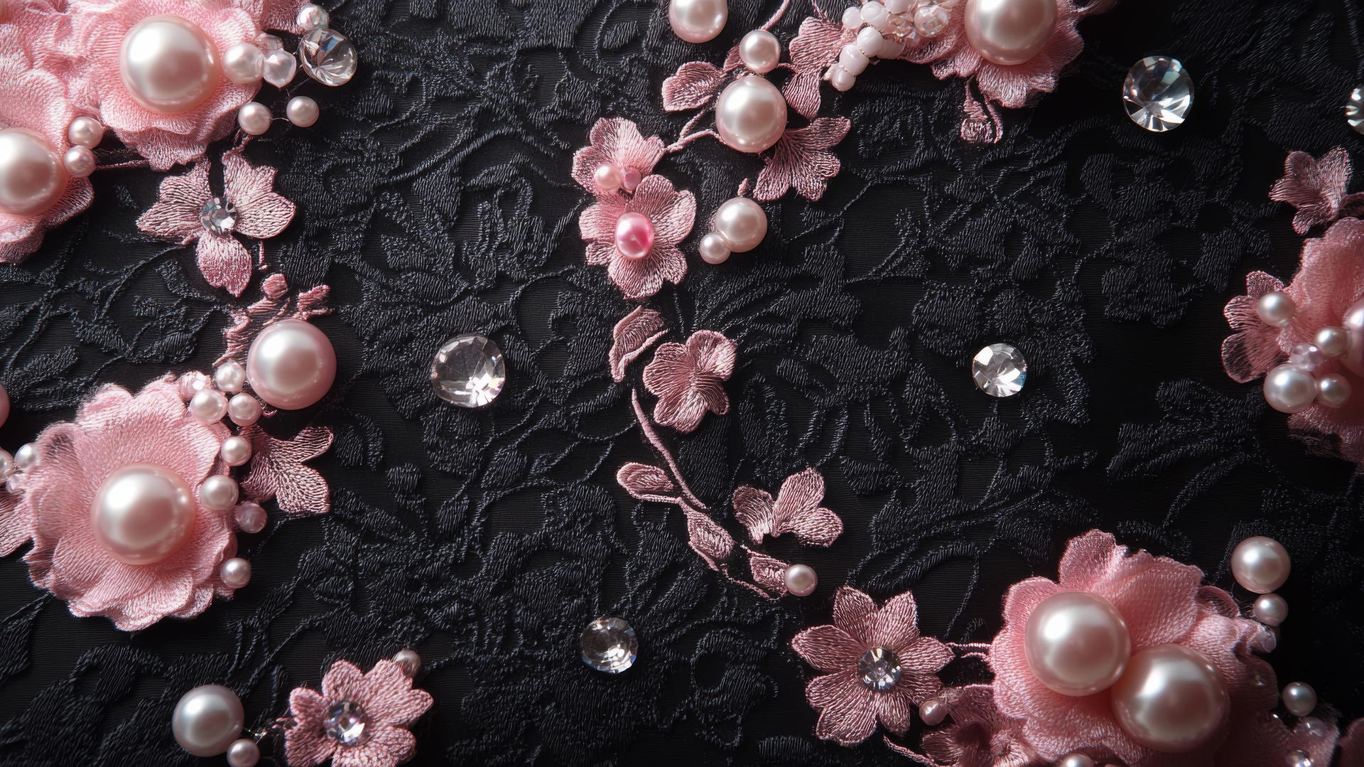 black wallpaper for girls with intricate pink lace, pearls, and shimmering gems