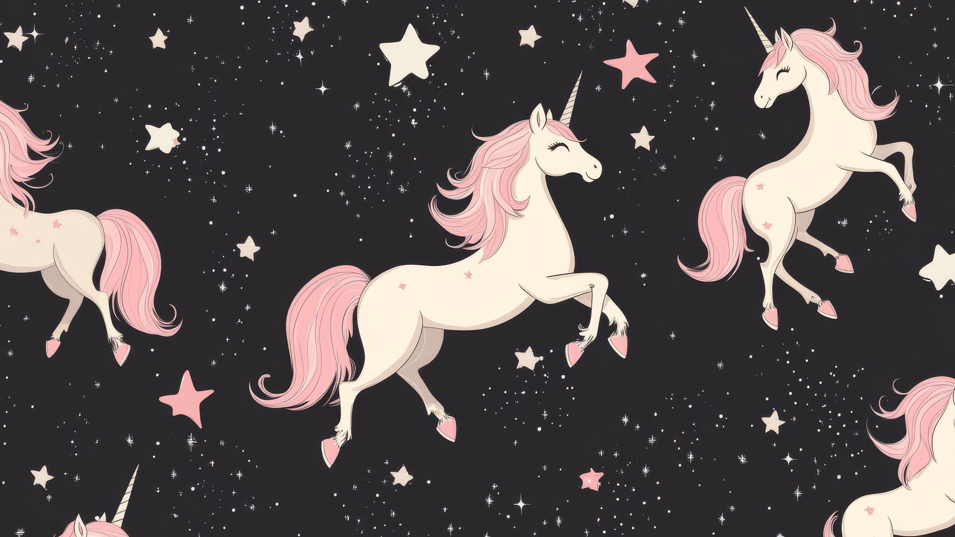 black wallpaper for girls with pastel pink unicorns and sparkly stars