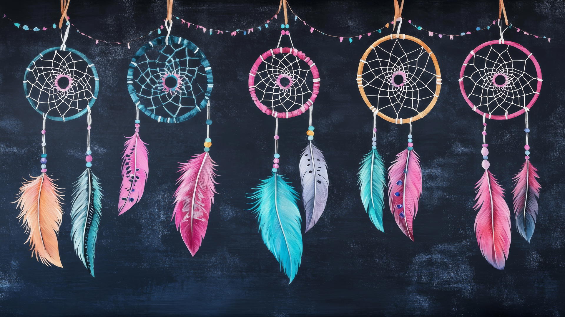 Black wallpaper for girls with whimsical dreamcatchers and pastel feathers.
