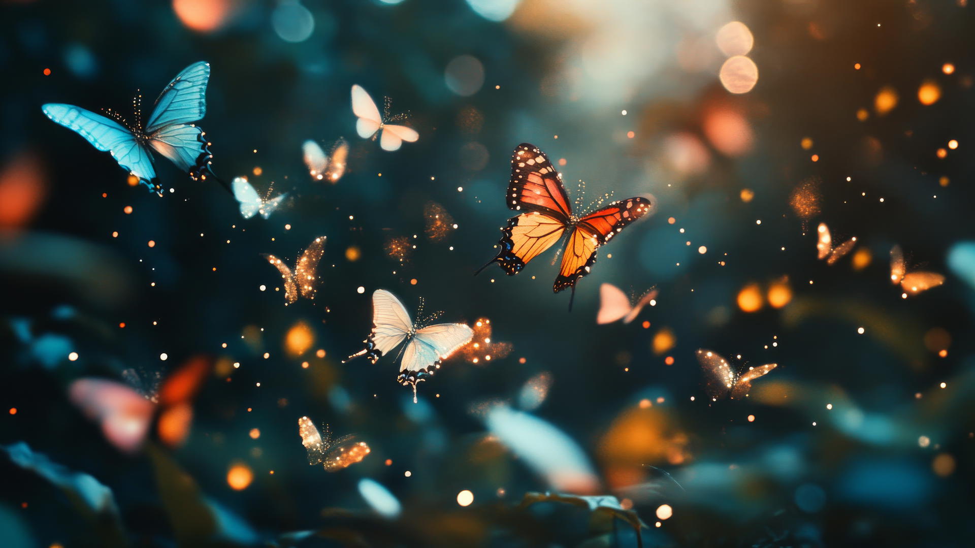 cute black wallpaper with colorful glowing butterflies in dark forest