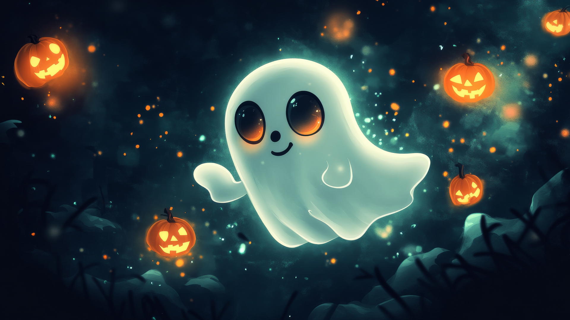 black cute wallpaper with playful cartoon ghost, glowing pumpkins, and bats