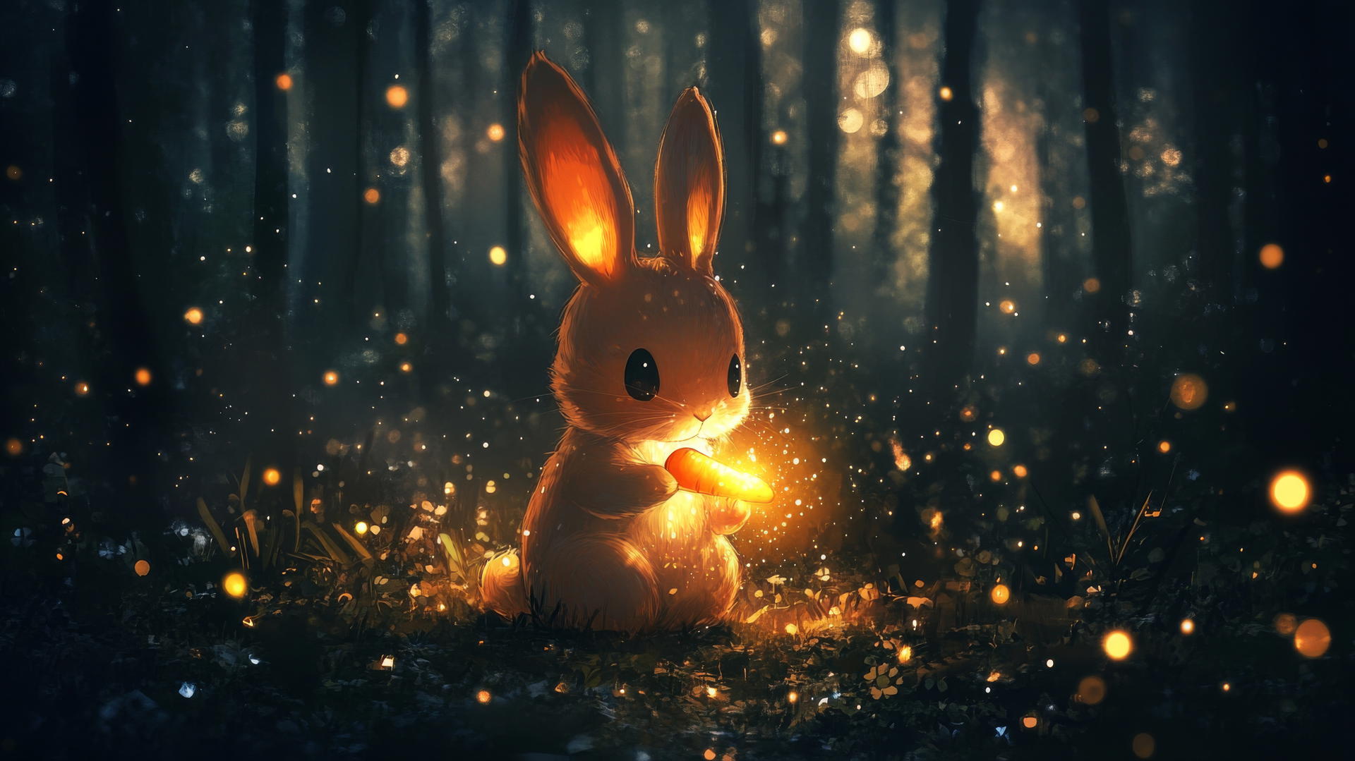 black cute wallpaper with a kawaii bunny holding a glowing carrot in a dark forest