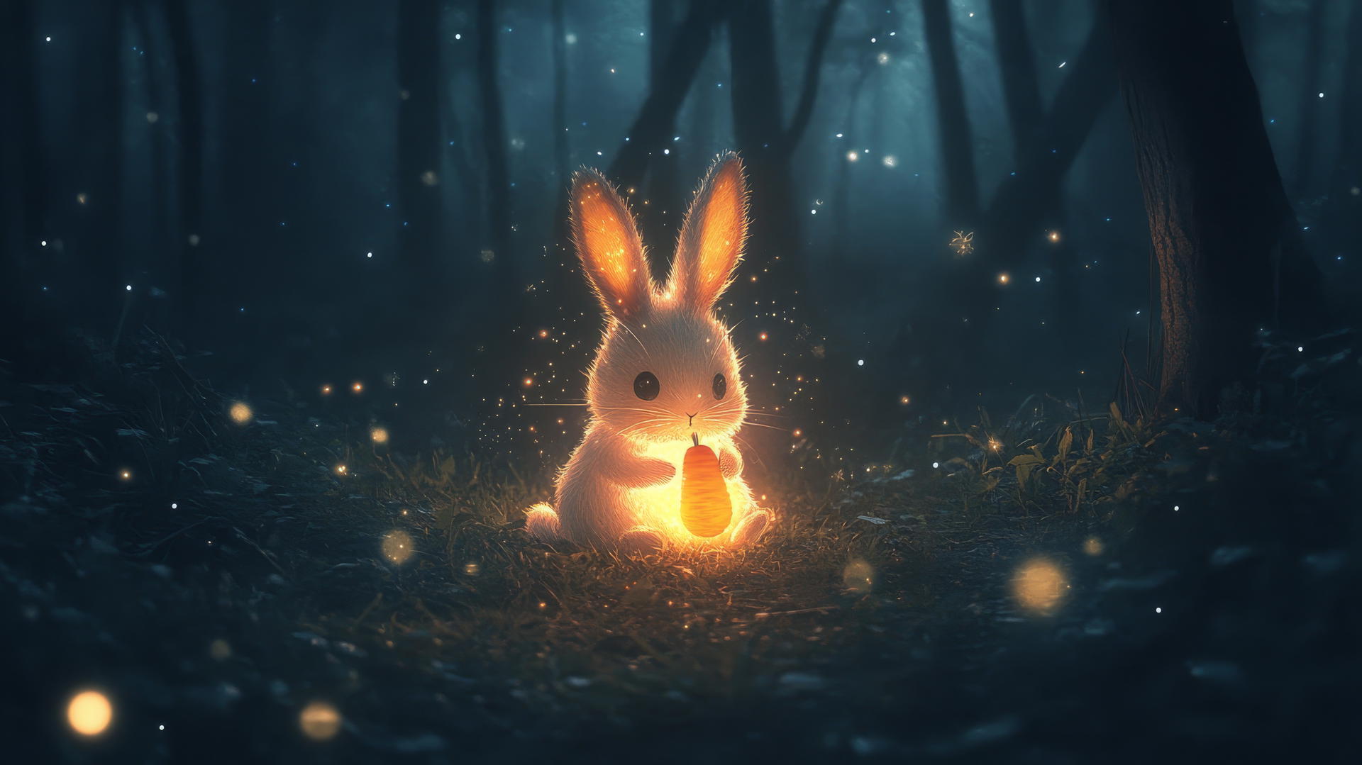 black cute wallpaper with kawaii-style bunny holding a glowing carrot in dark forest