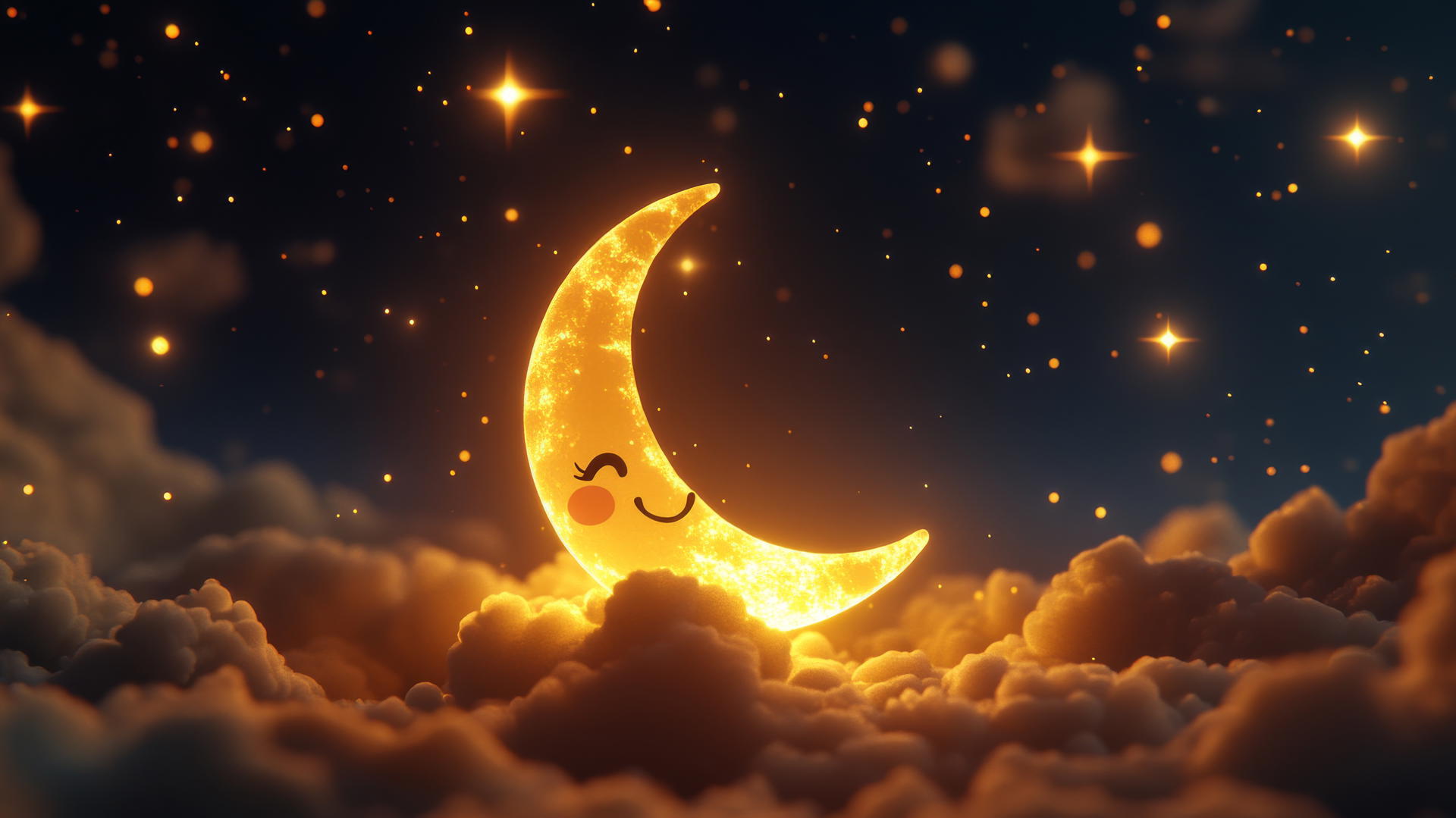 black cute wallpaper with happy crescent moon, stars, clouds