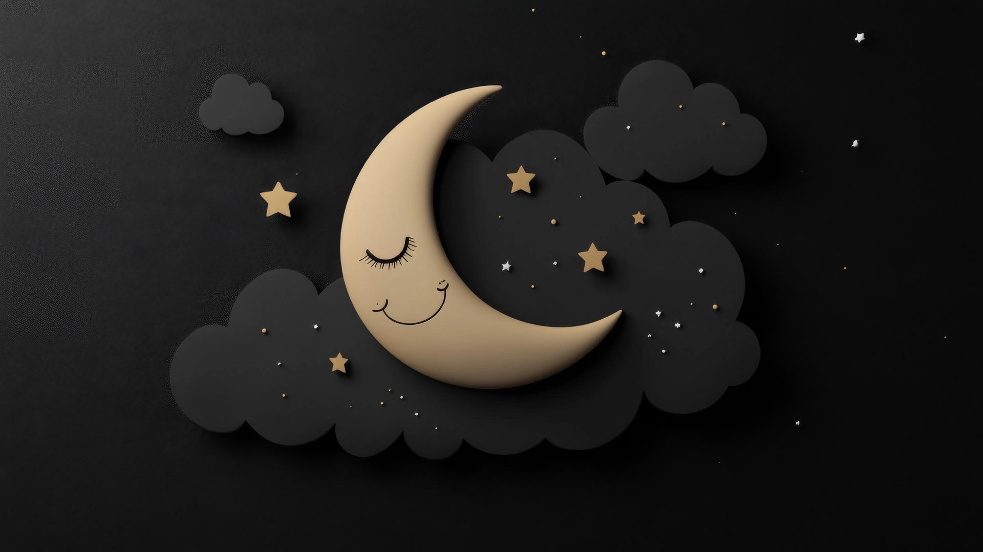 cute black wallpaper with a smiling crescent moon, stars, and clouds