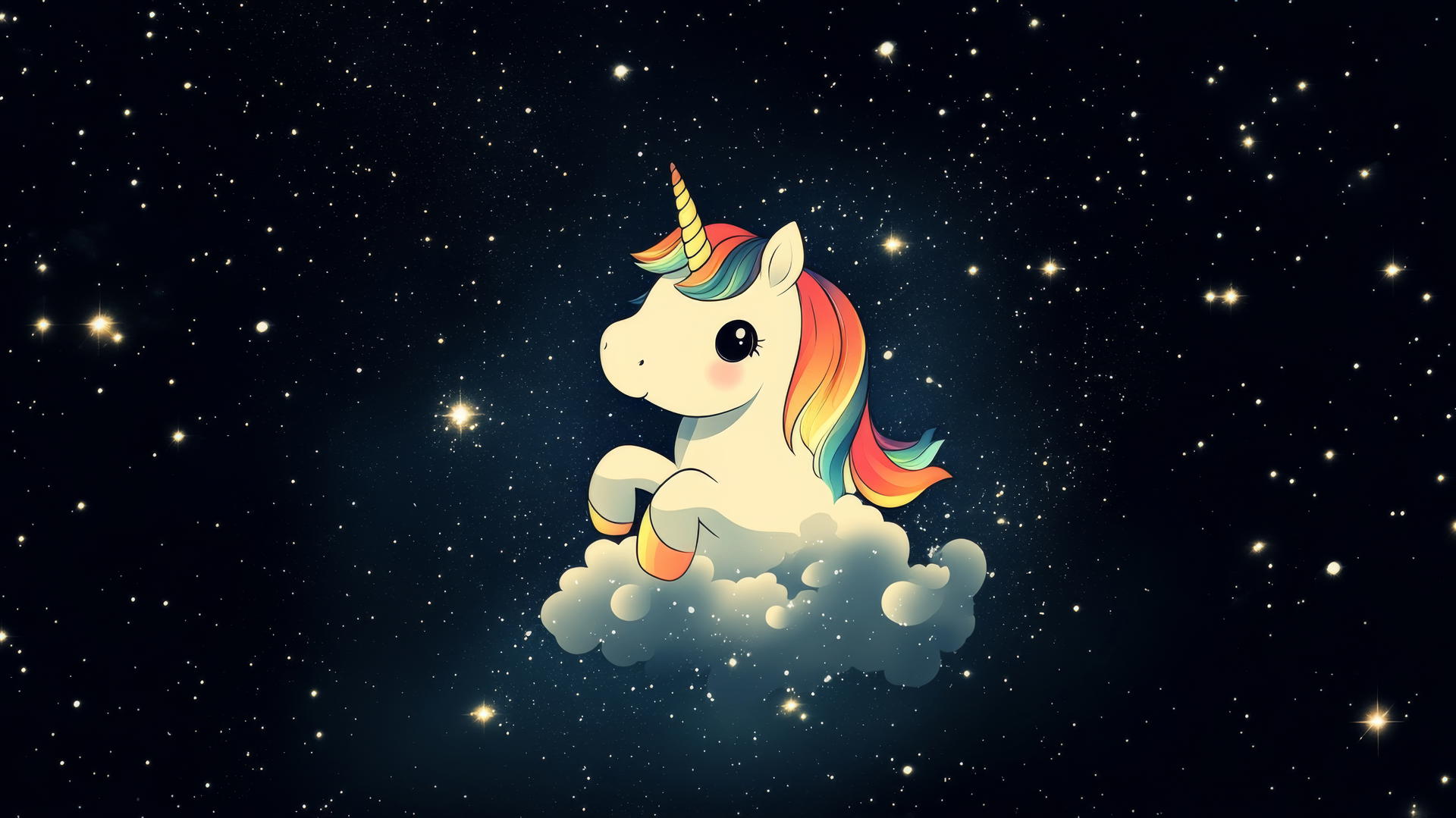 Cute black wallpaper with chibi unicorn, rainbow mane, starry night