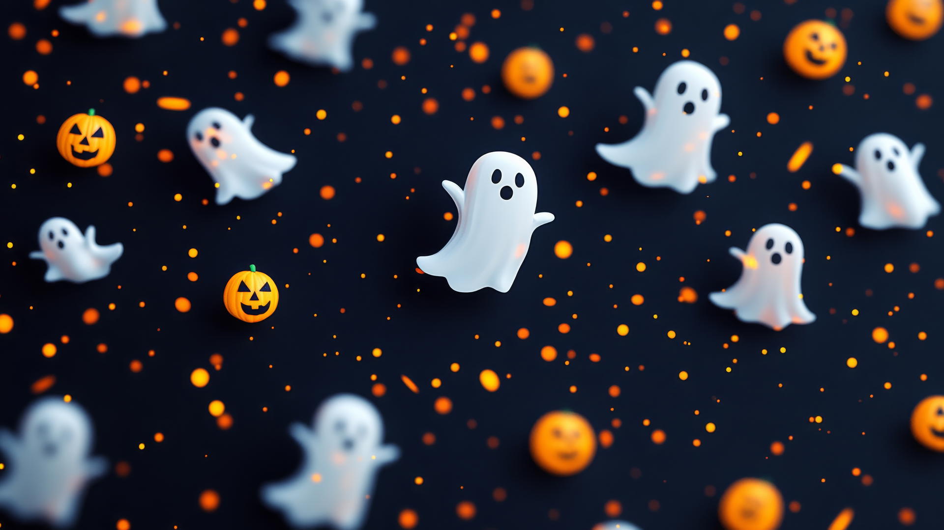 cute black wallpaper with tiny smiling ghosts and pumpkins, subtle glowing effects