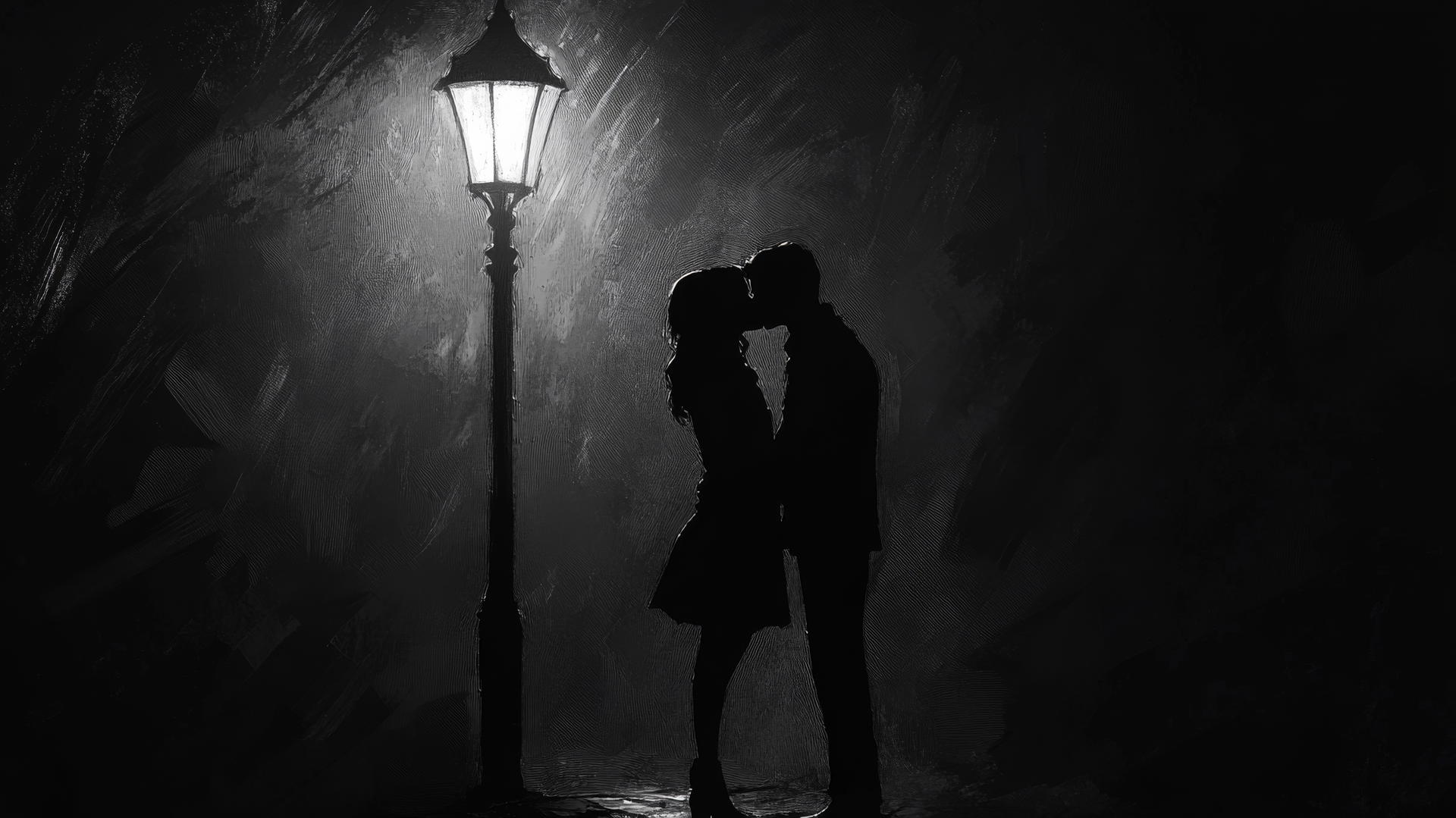black and white aesthetic wallpaper with a couple kissing under a glowing streetlamp