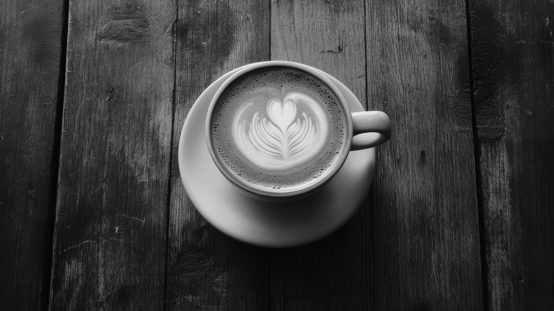 black and white aesthetic wallpaper of steaming coffee with intricate latte art on a rustic wooden table
