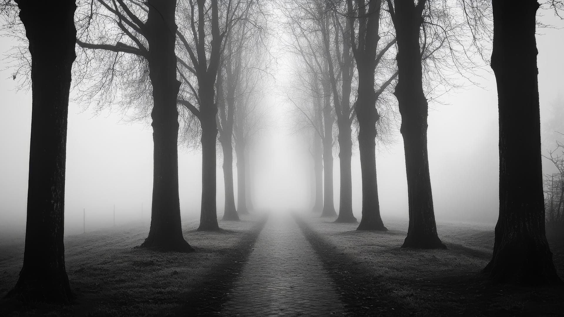 Black and white aesthetic wallpaper of a foggy forest path with tall, shadowy trees.