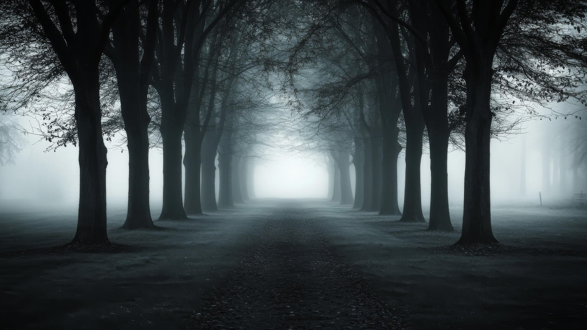 Black and white aesthetic wallpaper of a foggy forest path with tall, shadowy trees