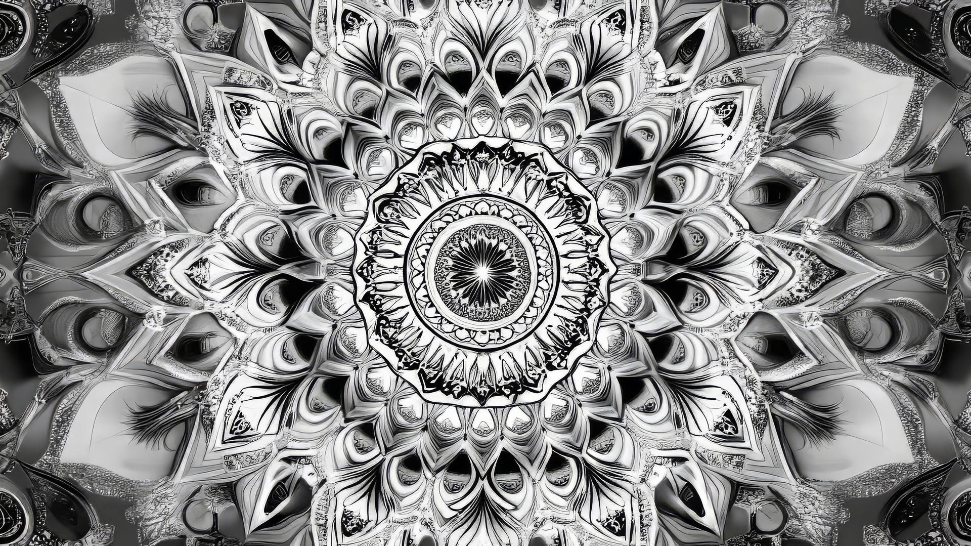 Black and white wallpaper with intricate mandala pattern in high contrast