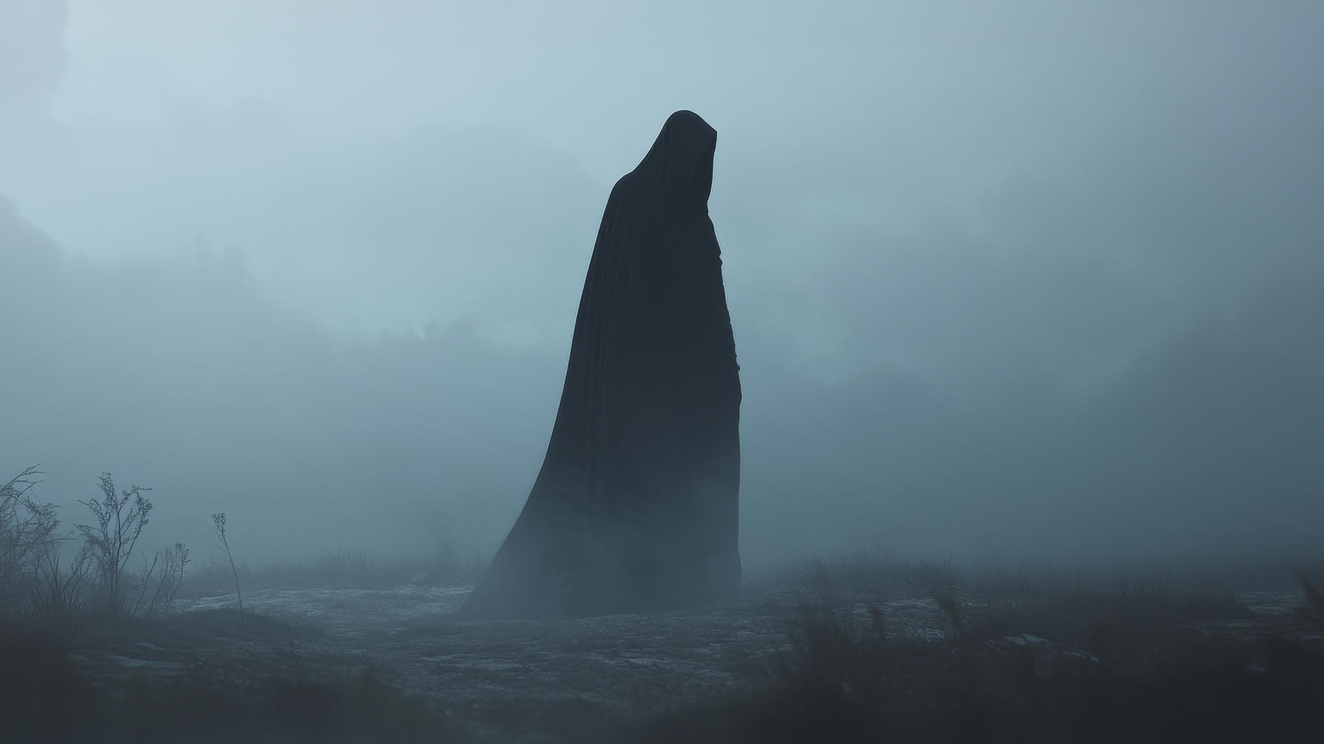 Mysterious figure in long black cloak in a foggy, dark landscape, black wallpaper aesthetic
