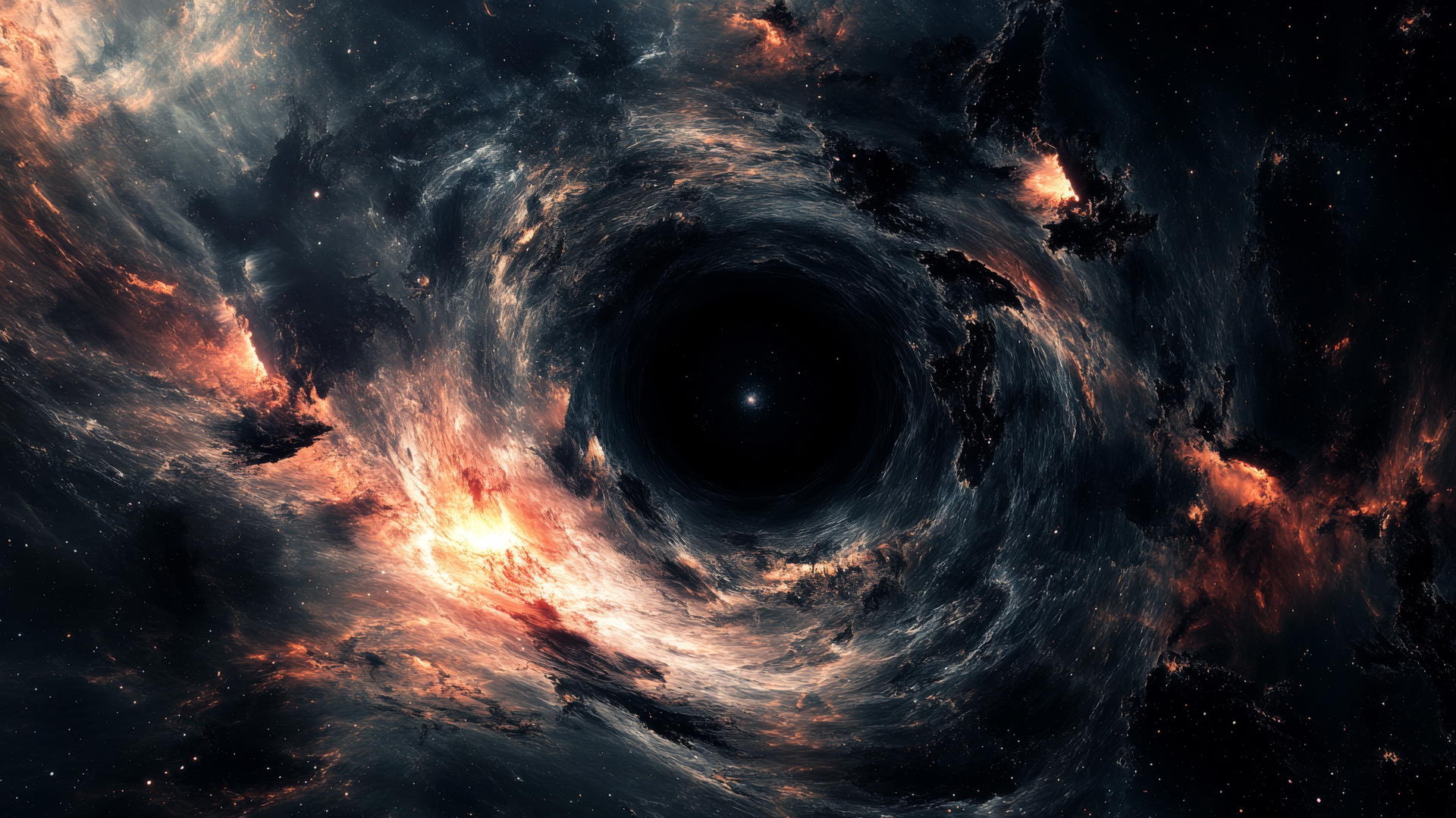 black aesthetic wallpaper with a black hole, swirling dark matter, and faint stars