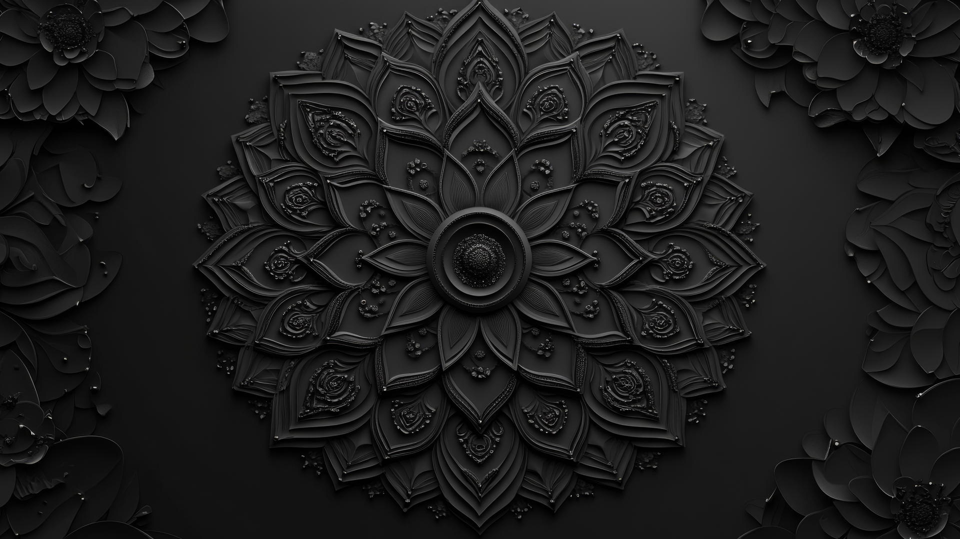 black aesthetic wallpaper with intricate mandala design and delicate patterns