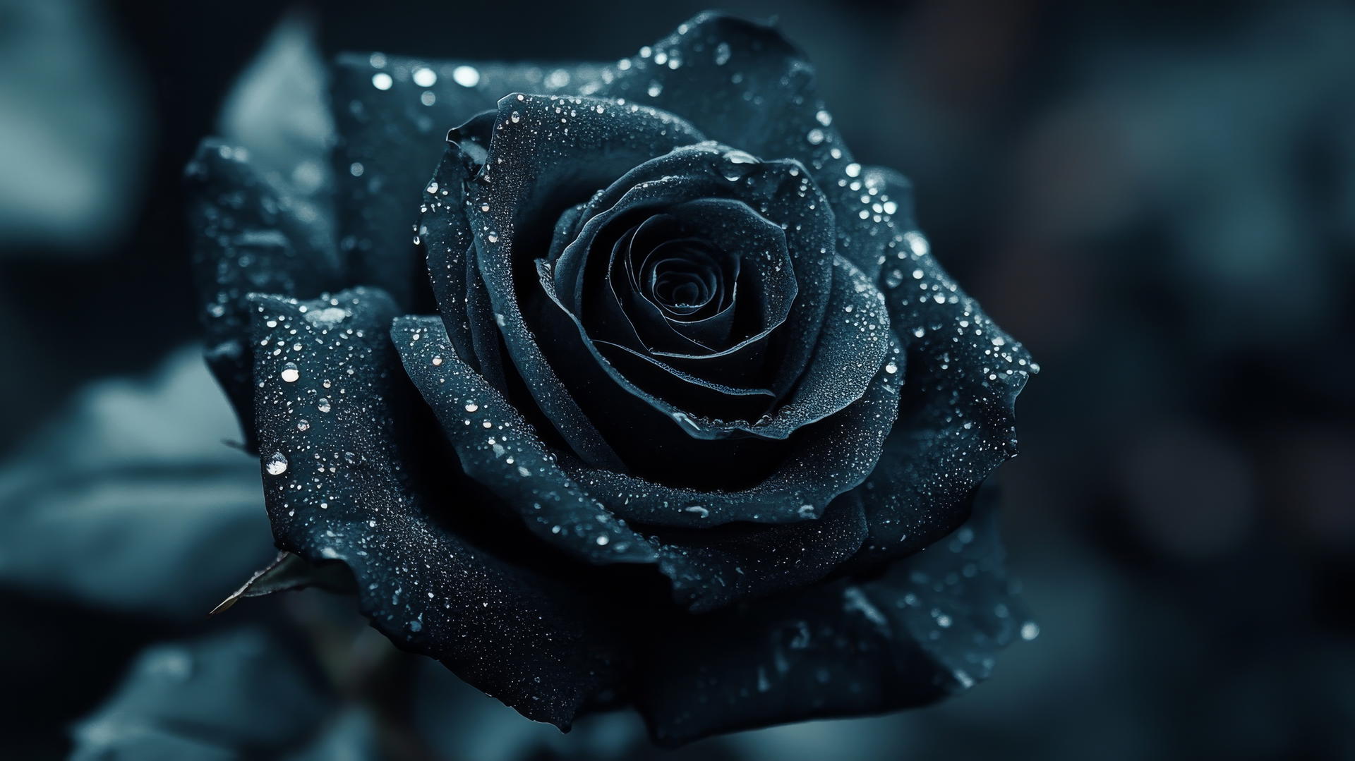 Black aesthetic wallpaper with a close-up of a dewy black rose in moonlight