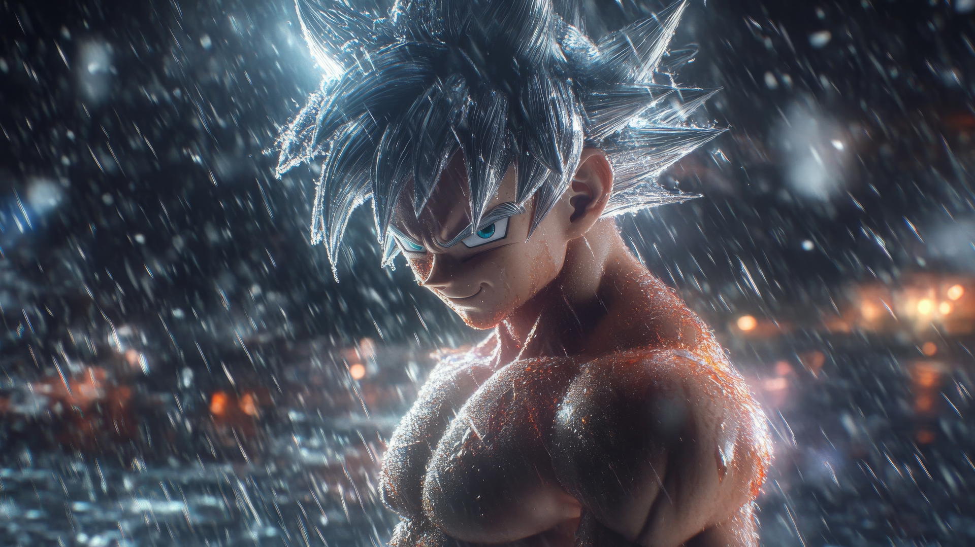 Goku Ultra Instinct wallpaper 4K with aura deflecting raindrops and lightning