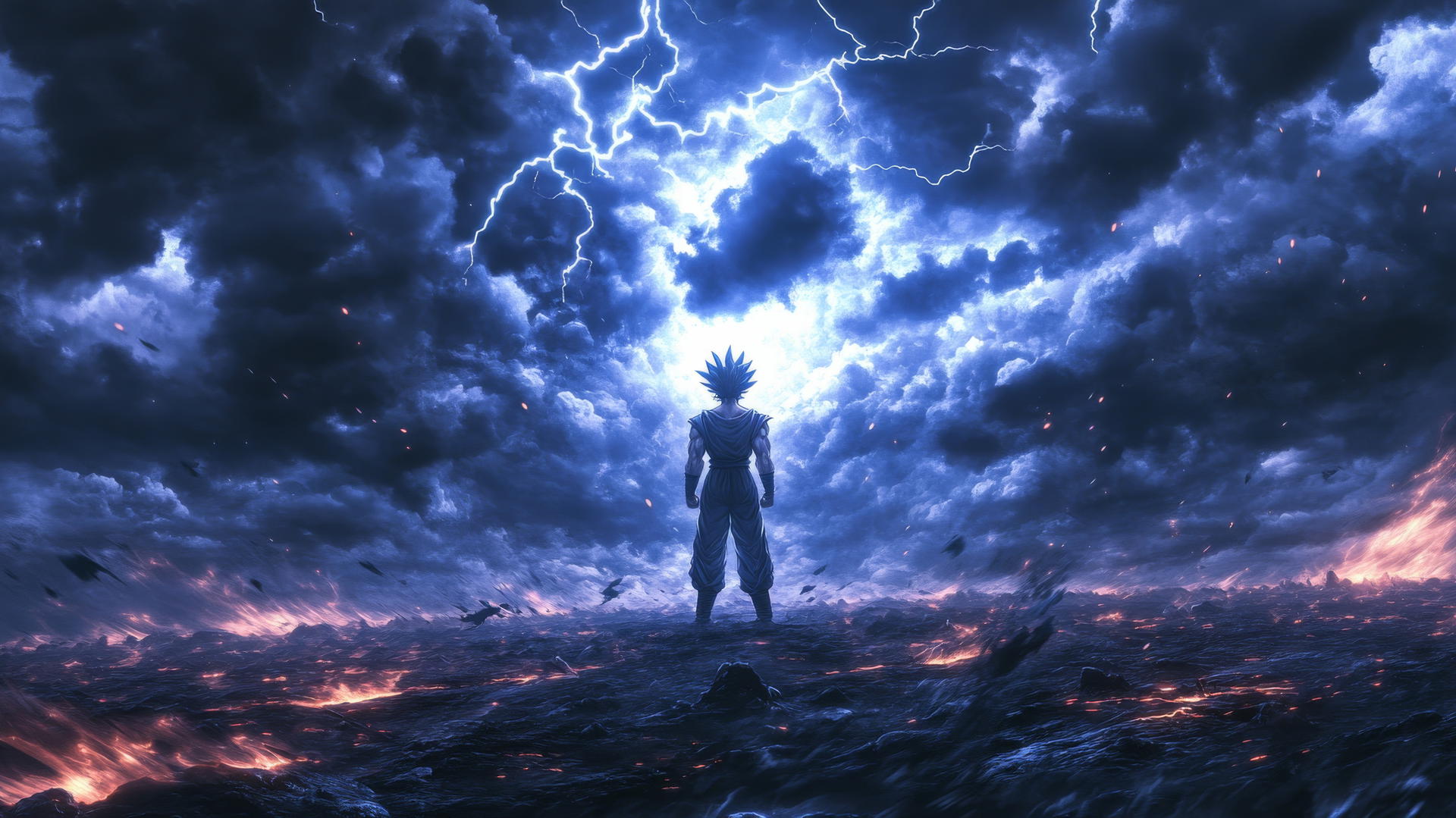 Black Goku floating above a battlefield with lightning striking, black goku wallpaper 4k