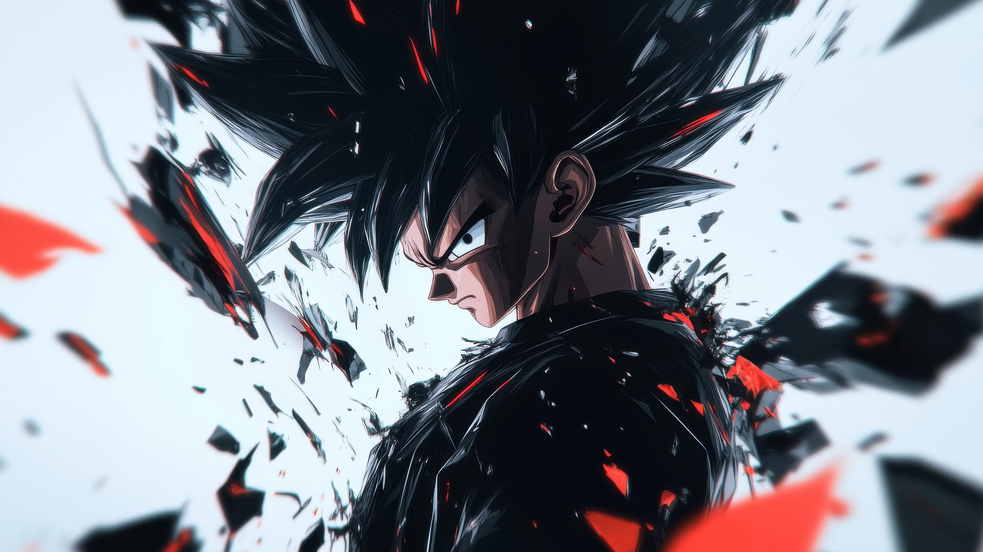 Goku Black reflected in a shattered mirror, fragments show different expressions, abstract and deep, goku black wallpaper 4k