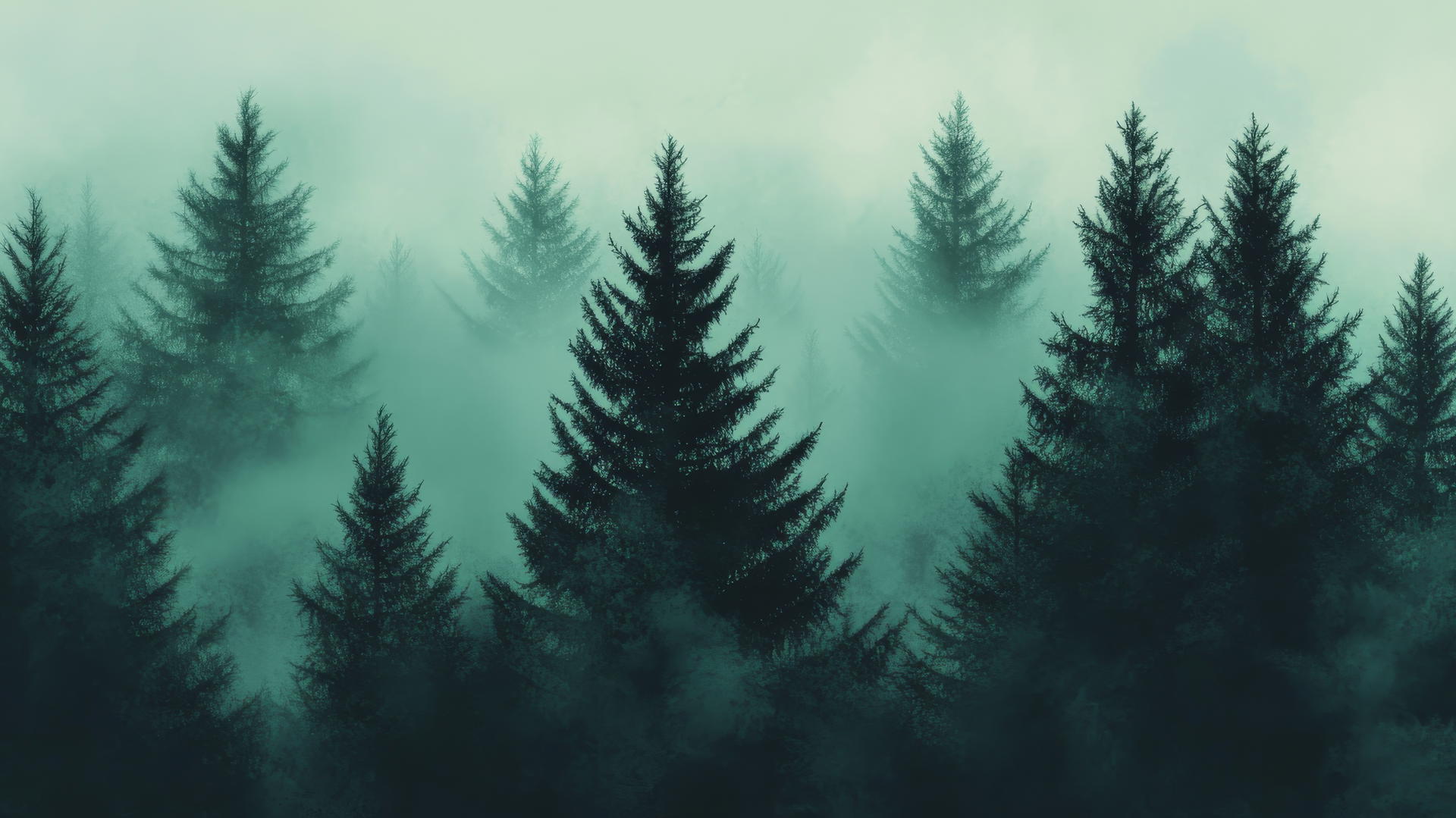 Emerald green wallpaper with a minimalist forest scene and mist.
