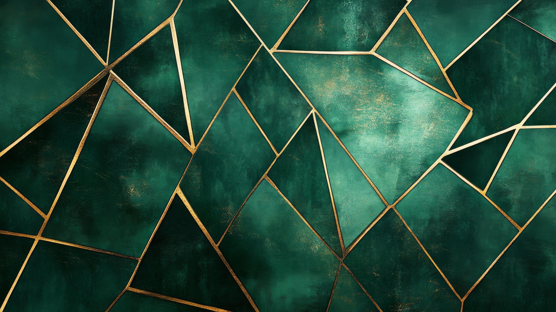 Emerald green wallpaper with abstract geometric pattern and gold accents