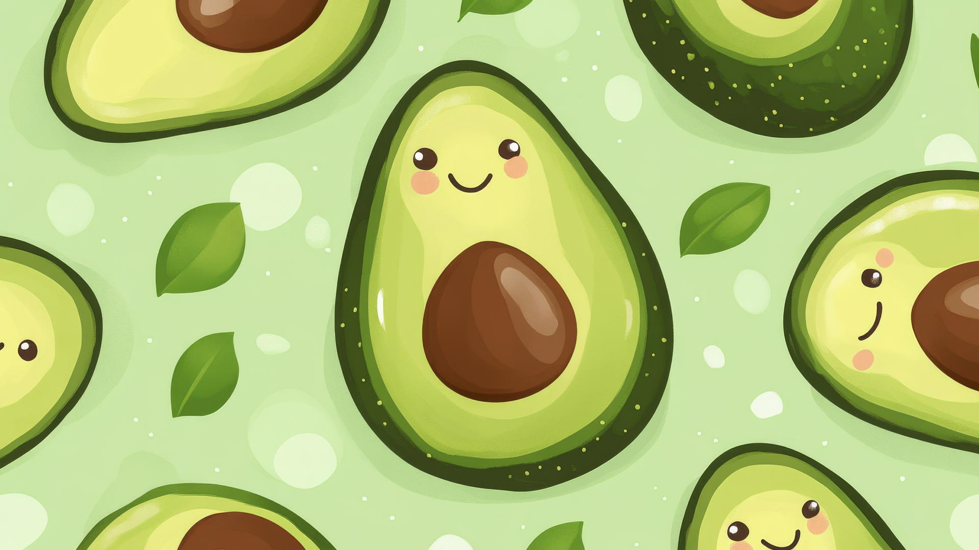cute green wallpaper with kawaii-style avocados on a light green background