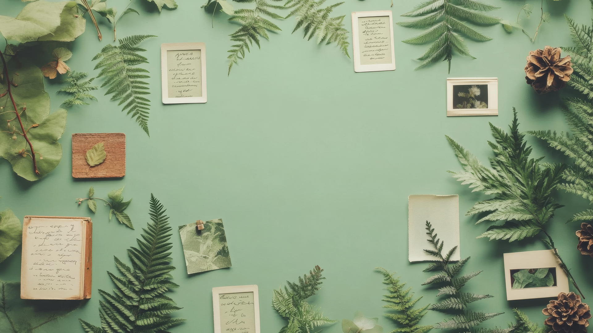 A collage-style aesthetic green wallpaper with polaroid photos, notes, and pressed leaves