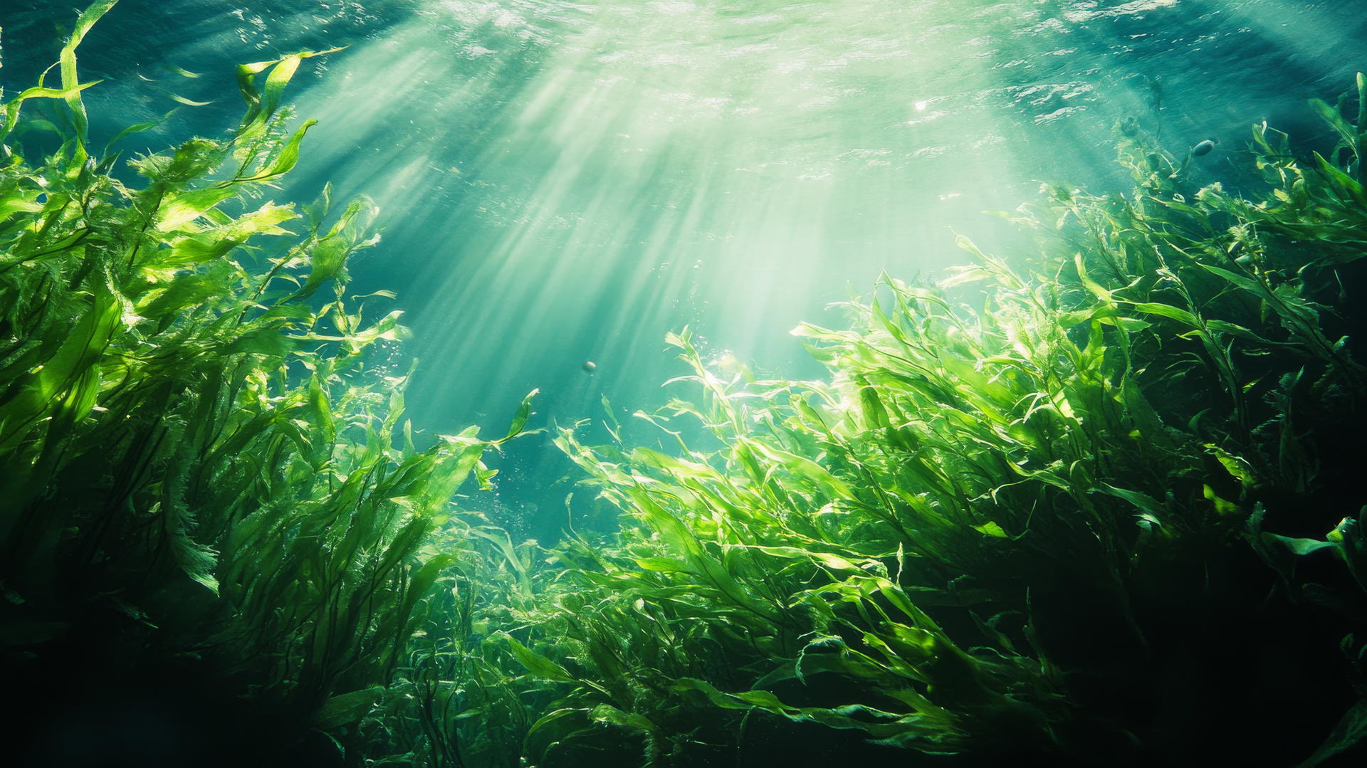 green wallpaper with seaweed swaying underwater in filtered sunlight