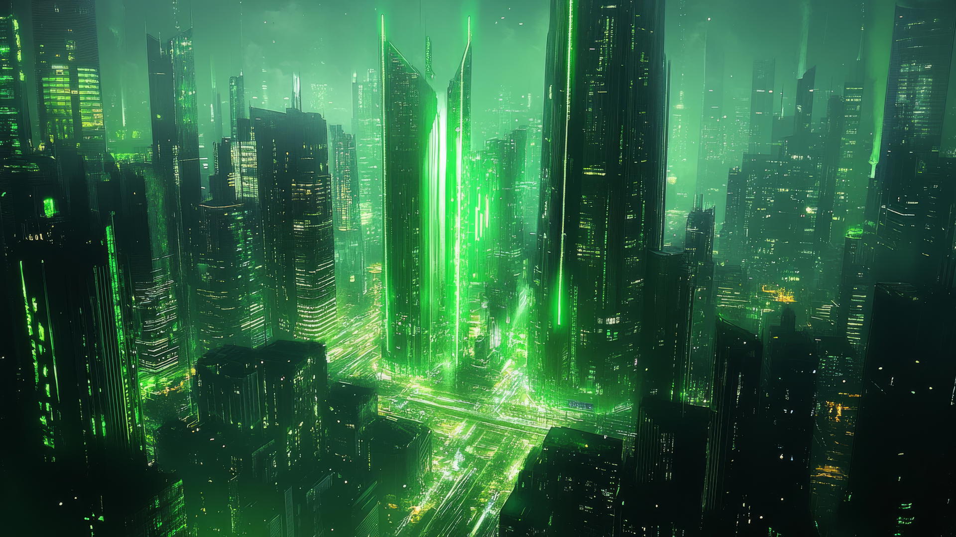 Green wallpaper with futuristic digital cityscape and neon lights