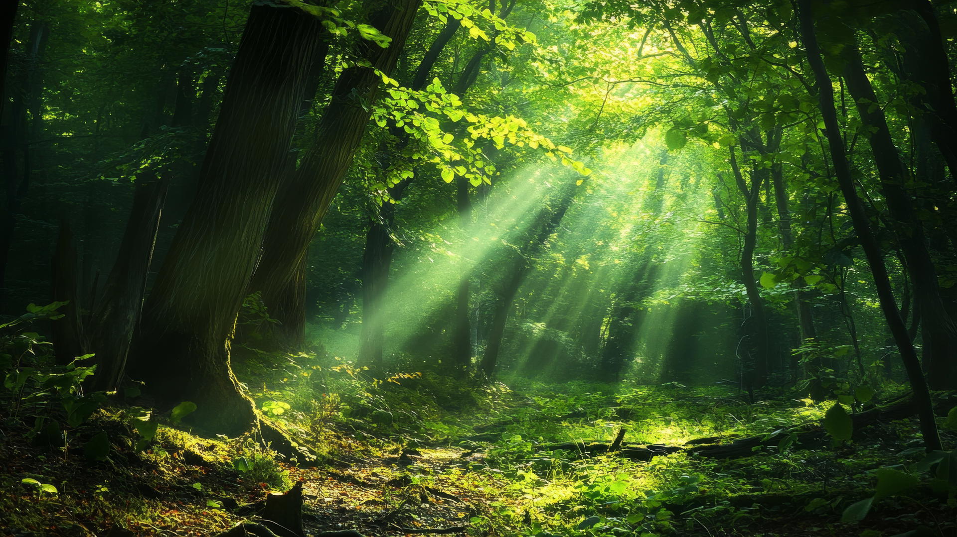 A serene forest scene with green wallpaper, sunlight filtering through the leaves.