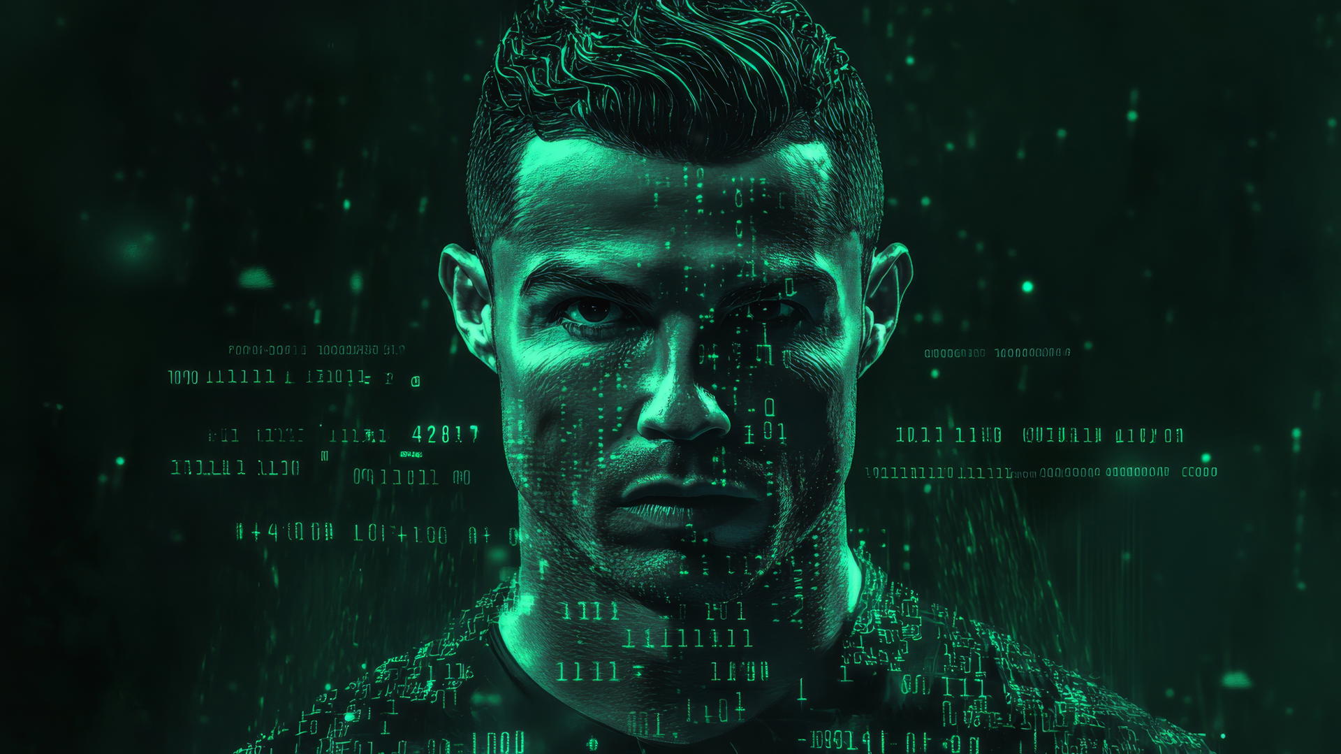Cristiano Ronaldo surrounded by digital code in a glowing green and black color scheme, cool ronaldo wallpaper 4k