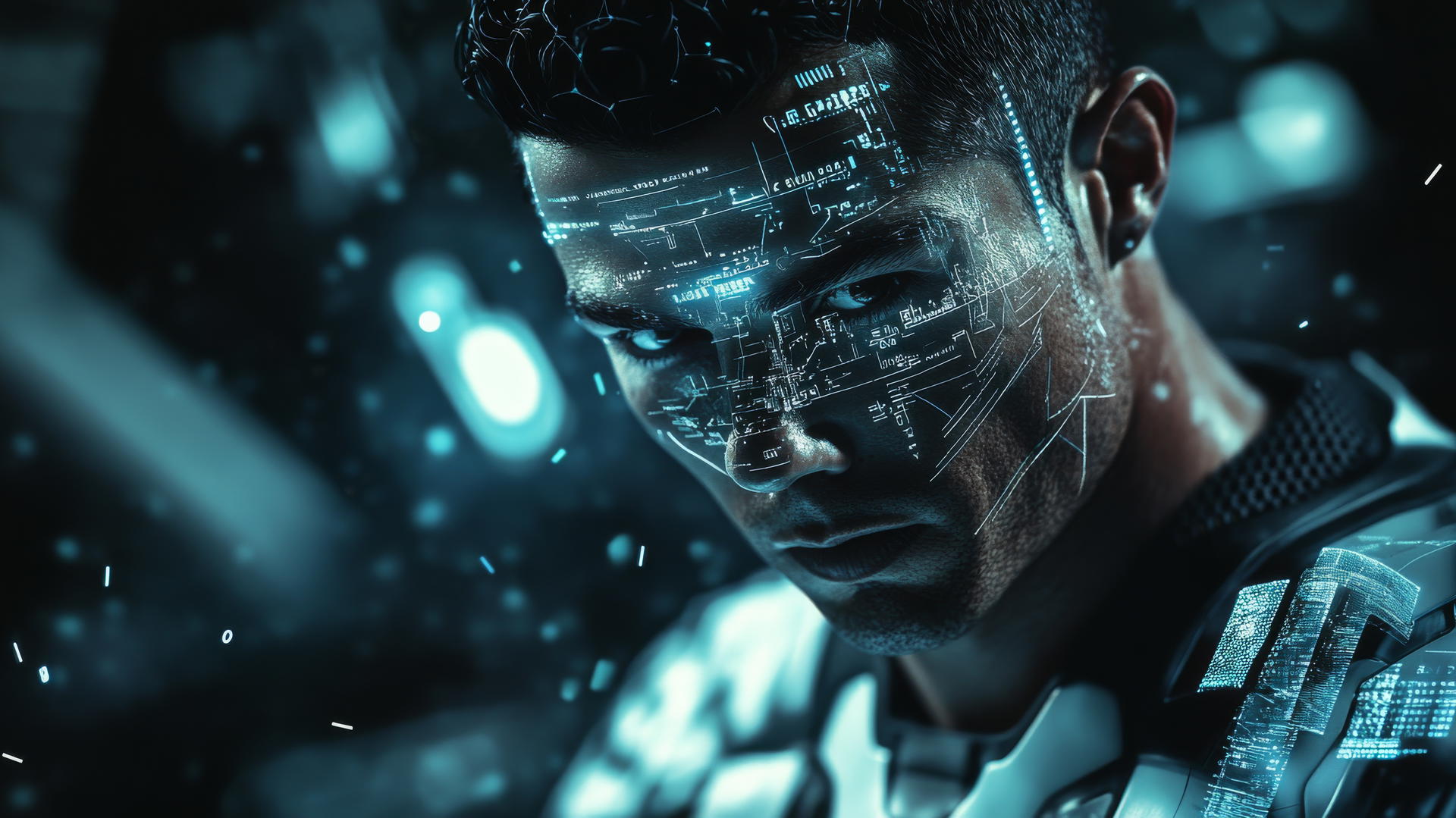 Cristiano Ronaldo in futuristic armor with holographic interface, 4K