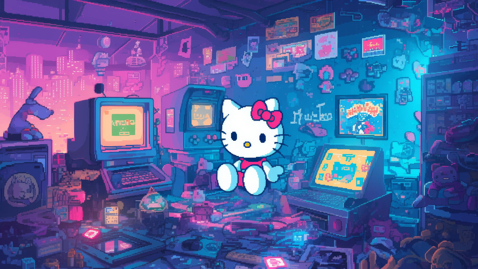 Y2K Hello Kitty wallpaper aesthetic with retro gaming theme