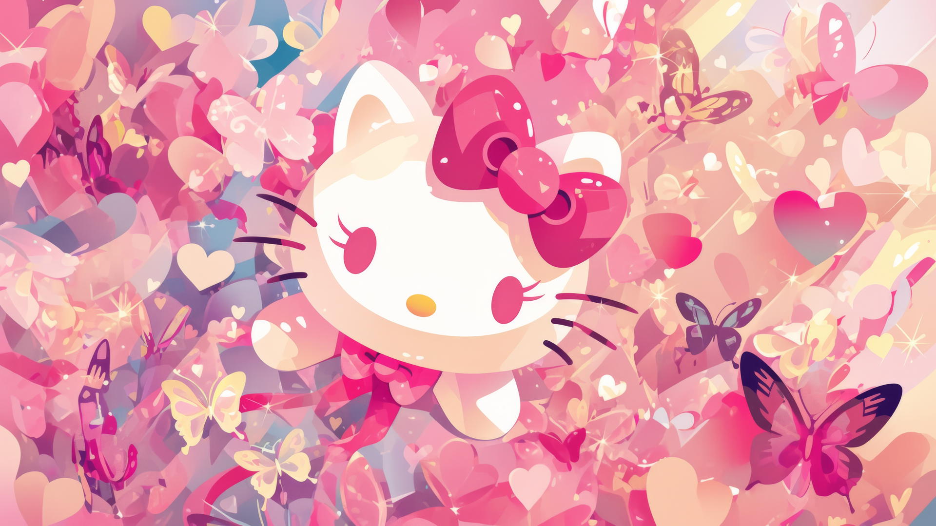 Y2K Hello Kitty wallpaper aesthetic with glittery butterflies and pastel hearts