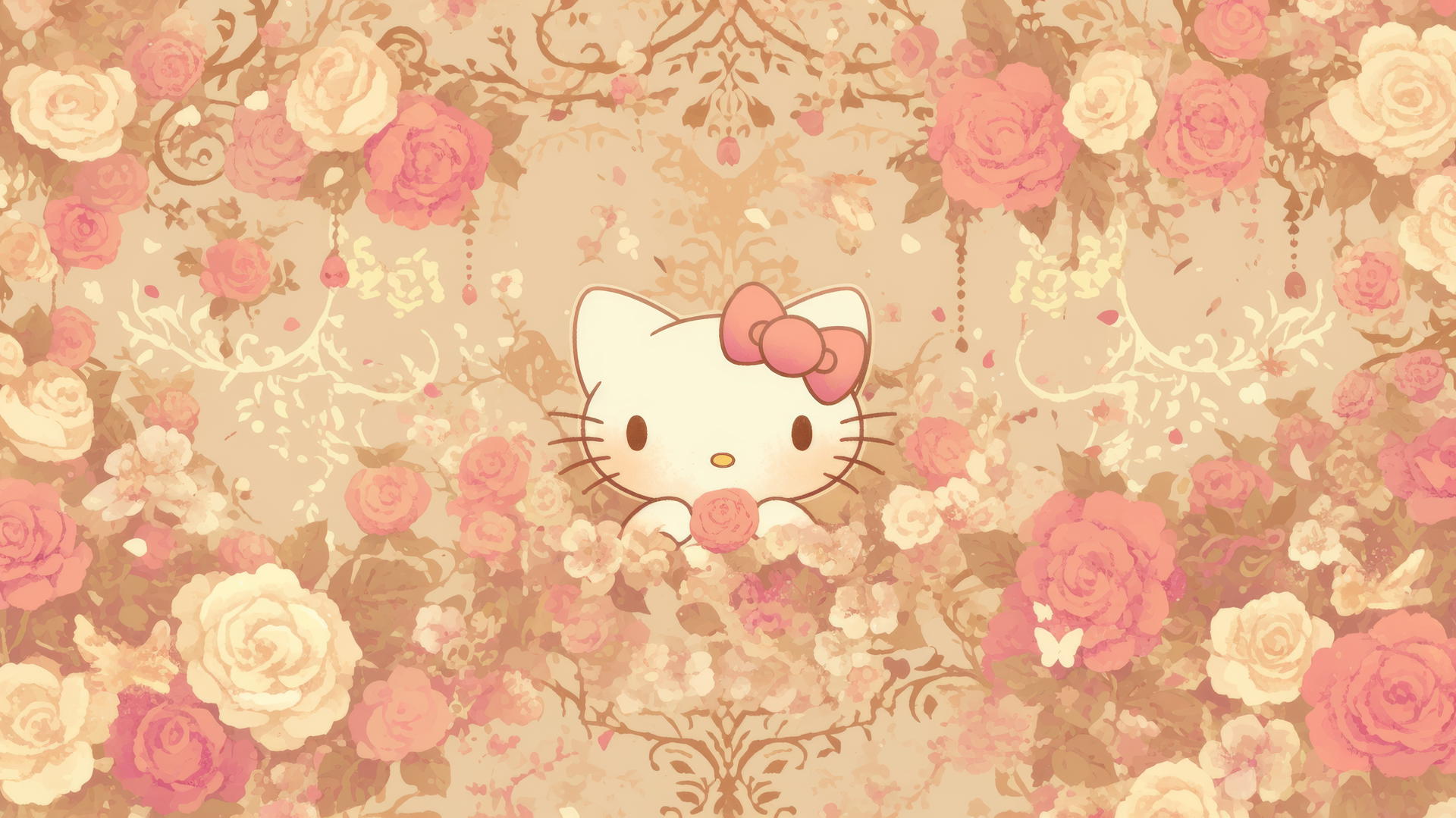 Aesthetic Hello Kitty wallpaper with delicate lace pattern in soft pinks