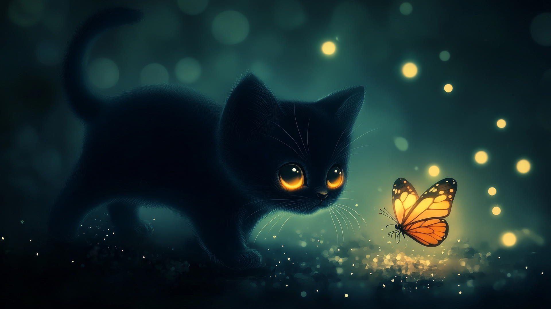 black cute wallpaper with tiny cartoon kitten chasing a butterfly