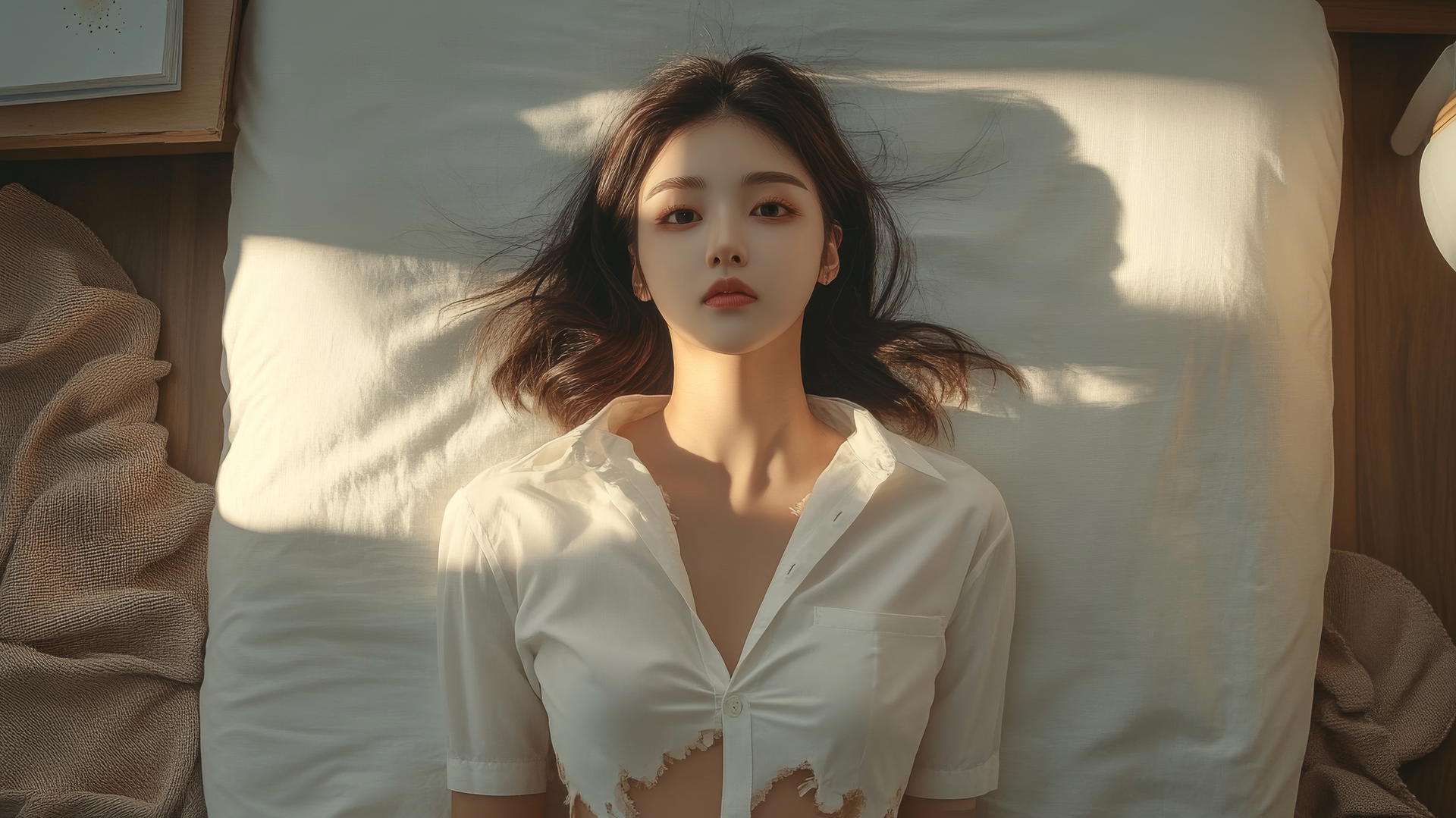 Aerial view of a Korean pop star girl in a minimalist bedroom with warm light.