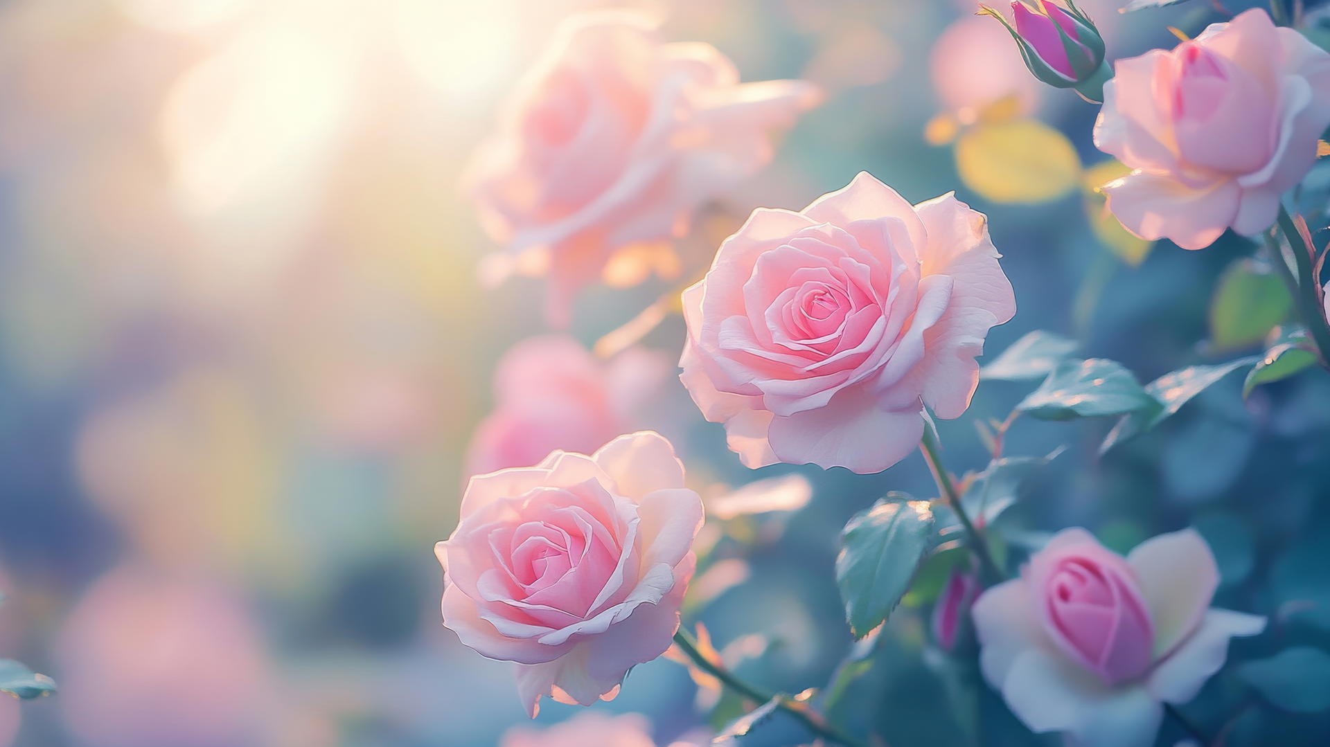 flower nature wallpaper with pastel-colored roses in a dreamy garden