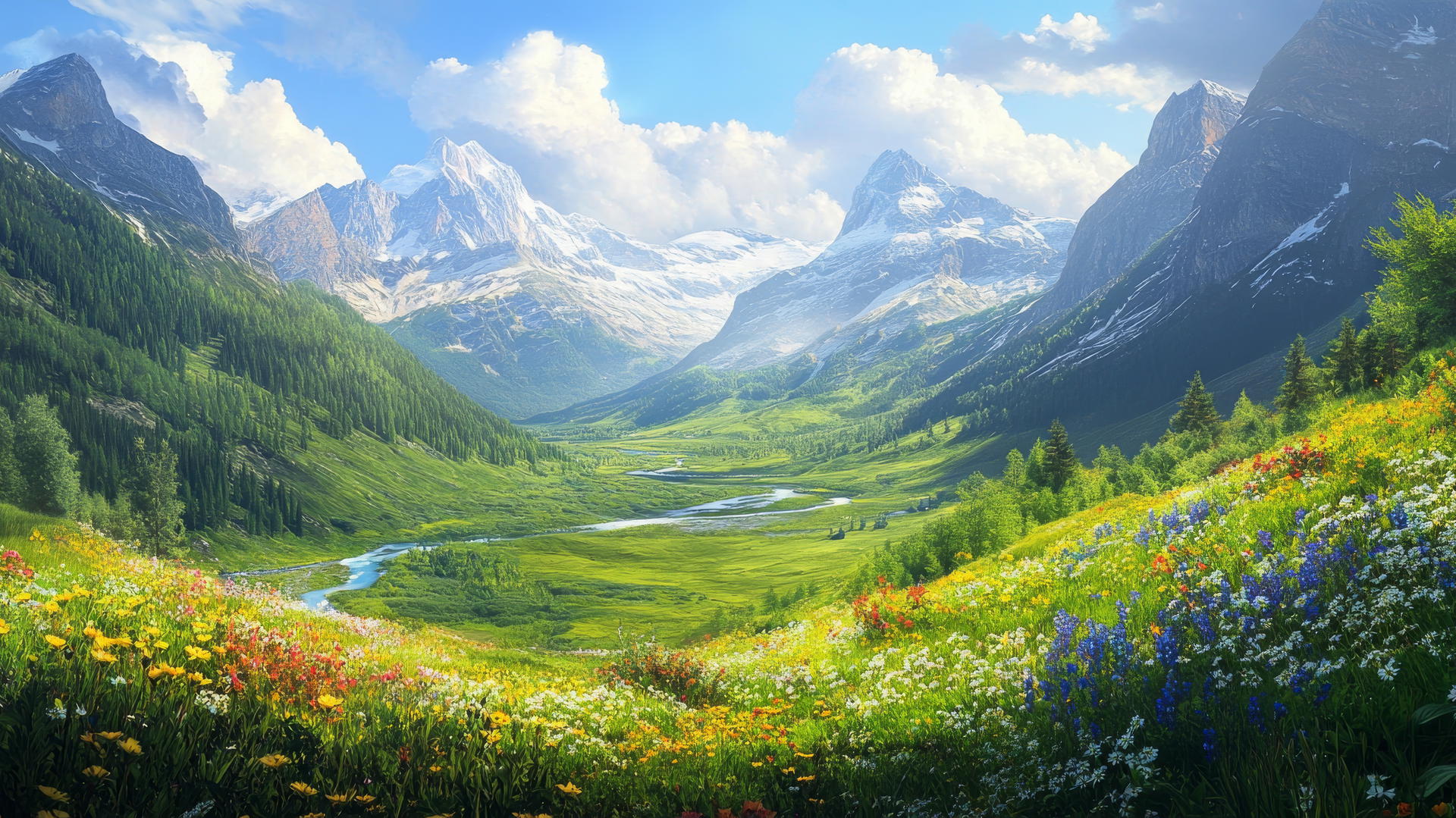 beautiful nature wallpaper 4k with green valley, wildflowers, river, mountains